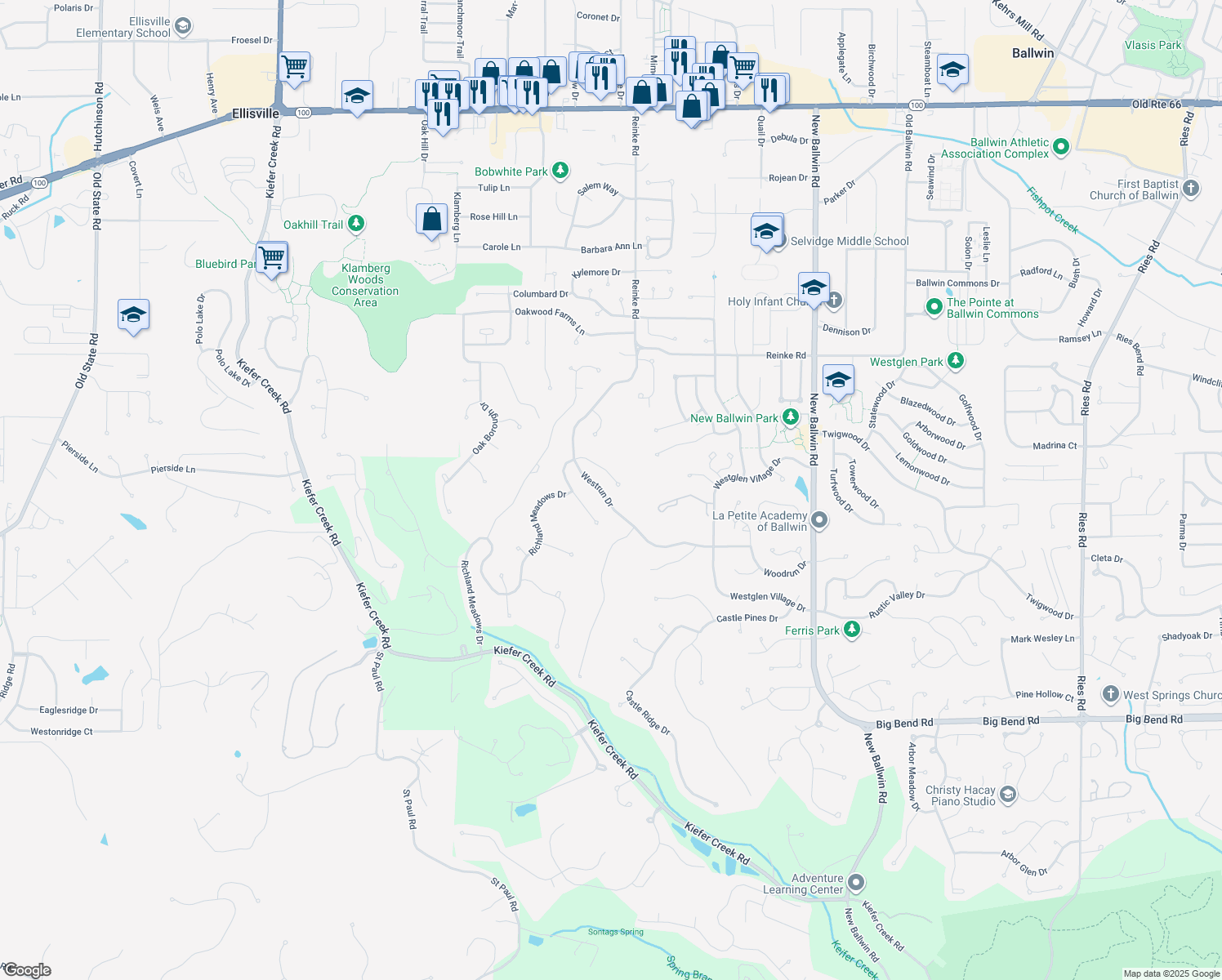 map of restaurants, bars, coffee shops, grocery stores, and more near 308 Alverston Court in Ballwin