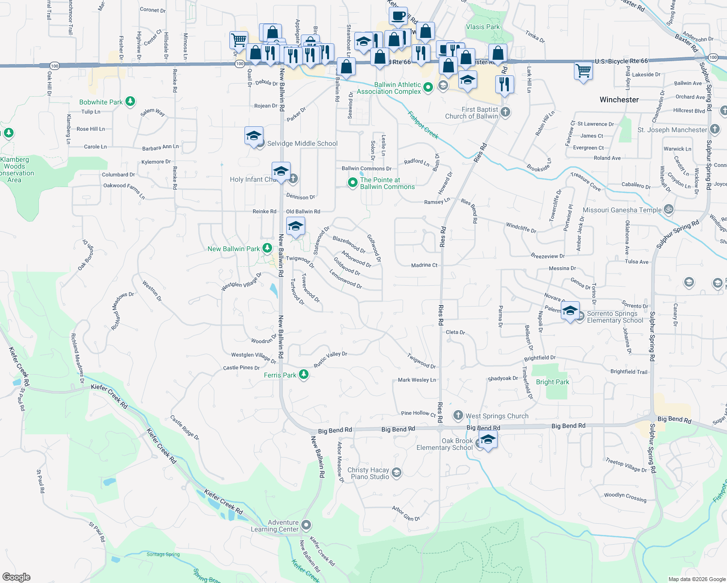 map of restaurants, bars, coffee shops, grocery stores, and more near 542 Lemonwood Dr in Ballwin