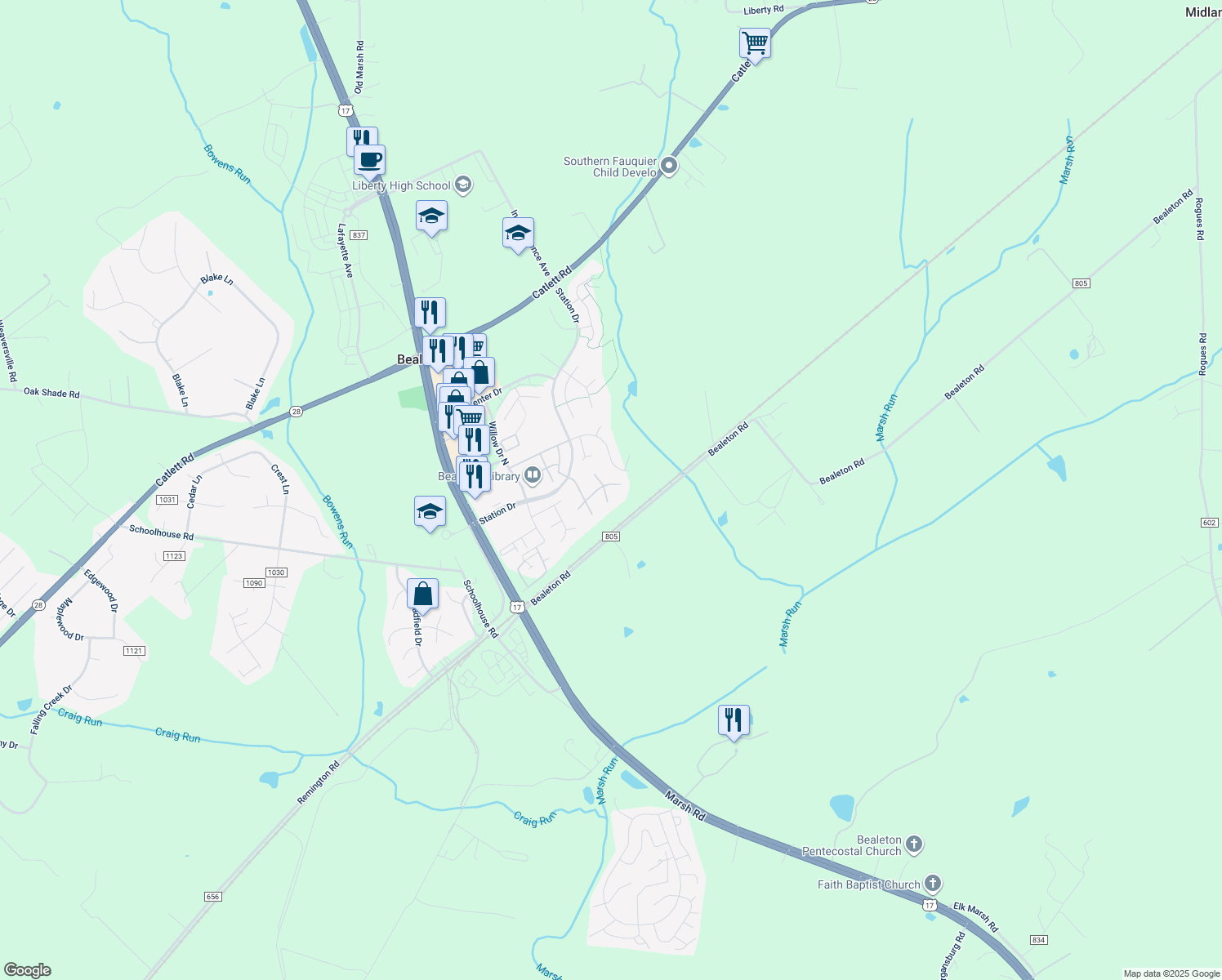 map of restaurants, bars, coffee shops, grocery stores, and more near 6115 Waverly Way in Bealeton