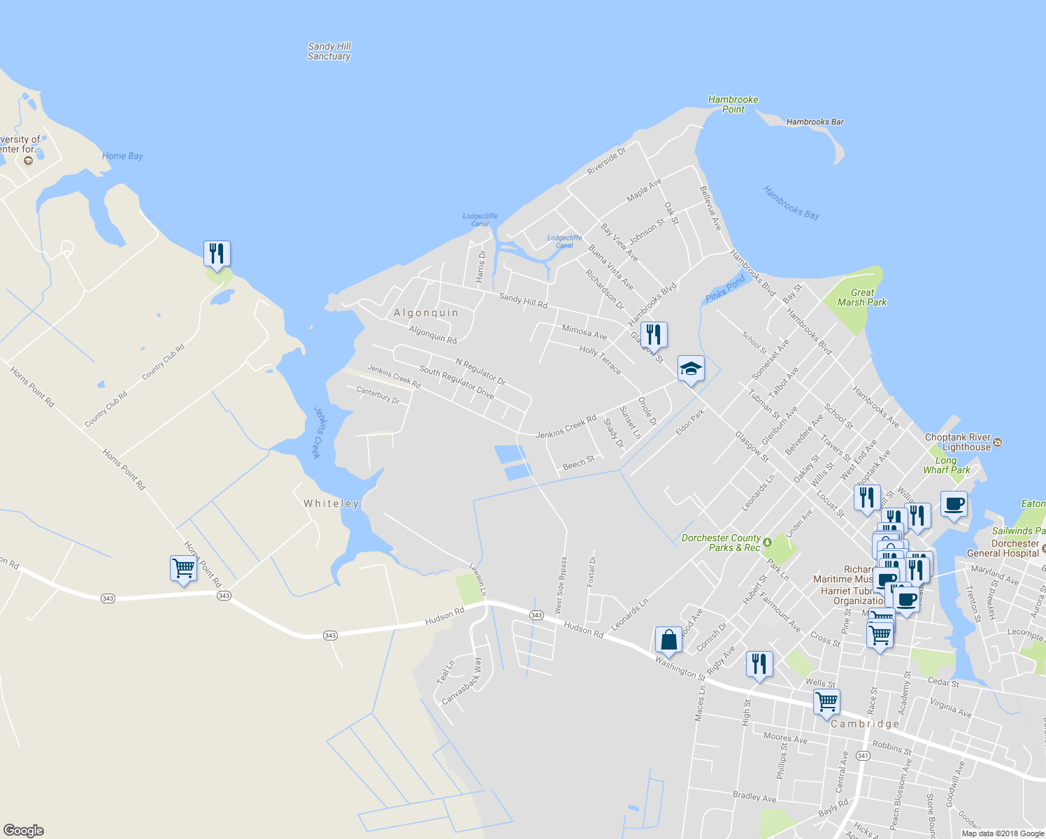 map of restaurants, bars, coffee shops, grocery stores, and more near 100 North Regulator Drive in Cambridge