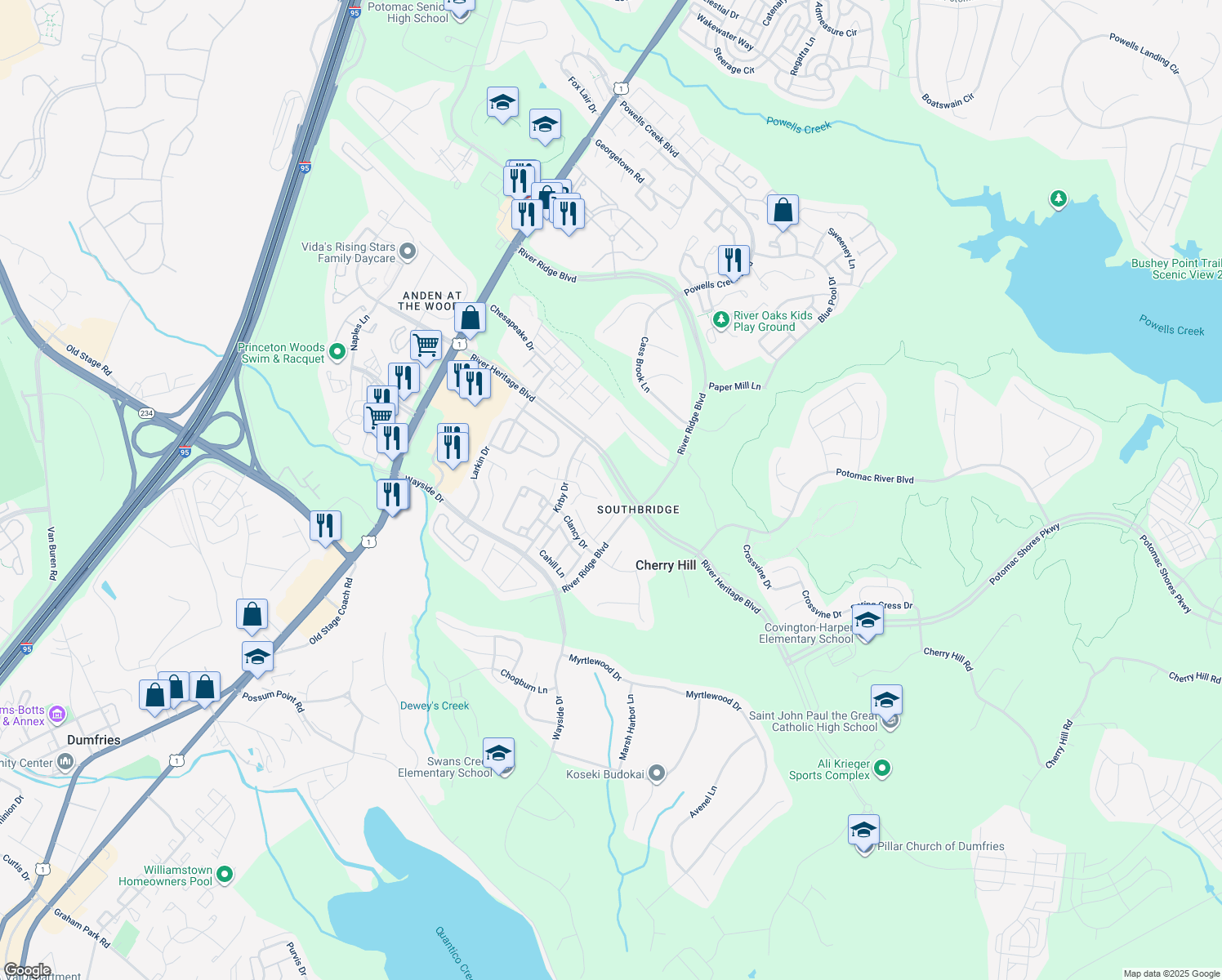 map of restaurants, bars, coffee shops, grocery stores, and more near 2898 Hickory Creek Ct in Dumfries