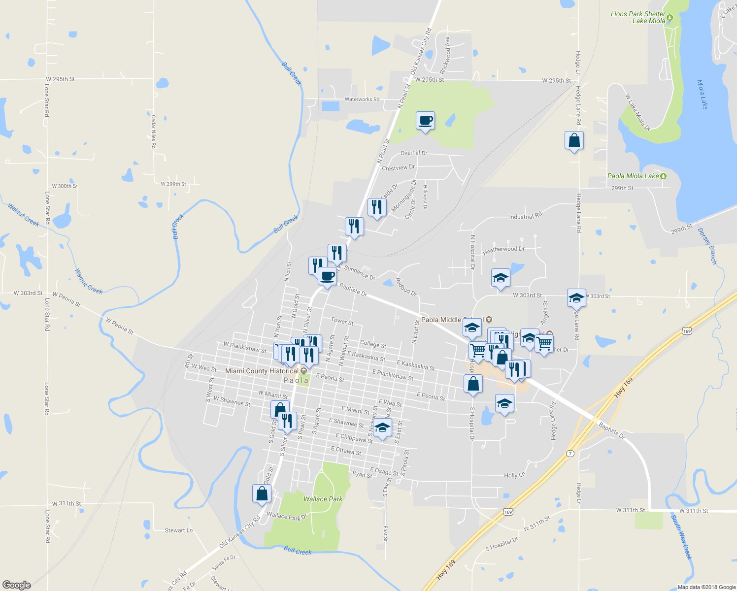 map of restaurants, bars, coffee shops, grocery stores, and more near 306 Baptiste Drive in Paola