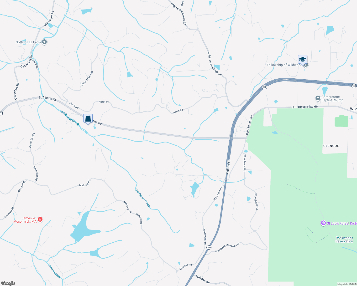 map of restaurants, bars, coffee shops, grocery stores, and more near 18651 State Highway T in Wildwood