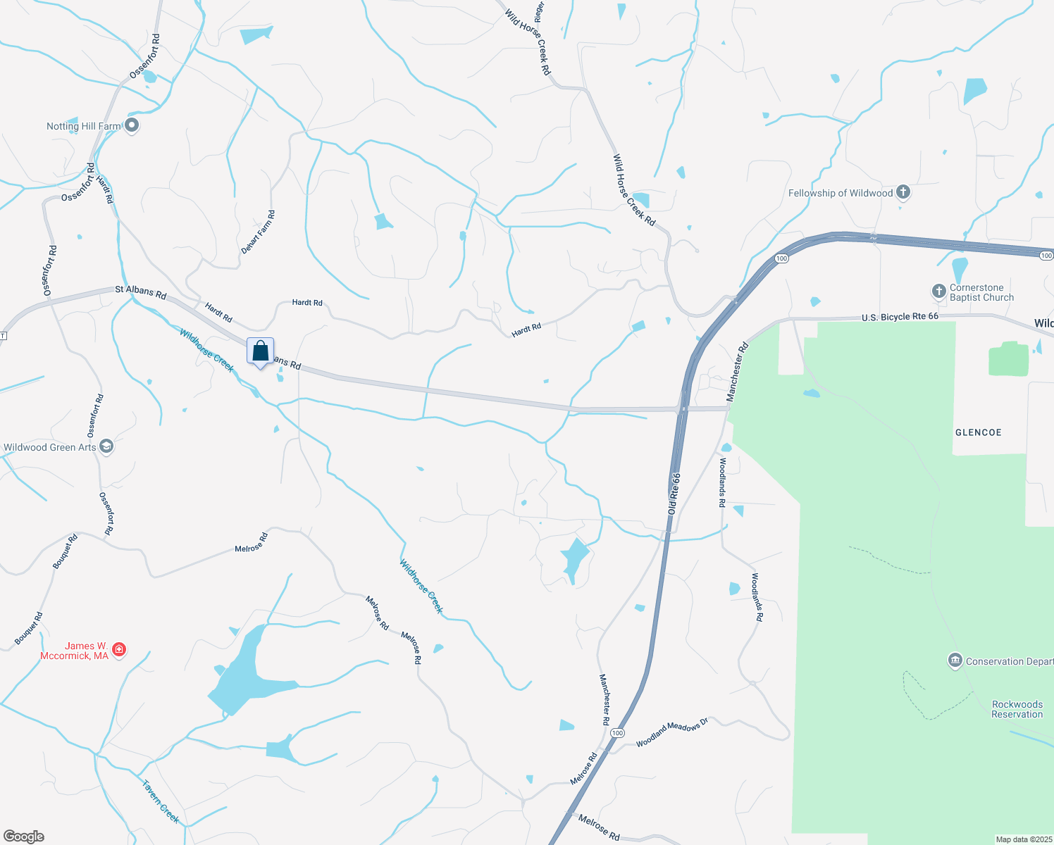 map of restaurants, bars, coffee shops, grocery stores, and more near 18651 State Highway T in Wildwood