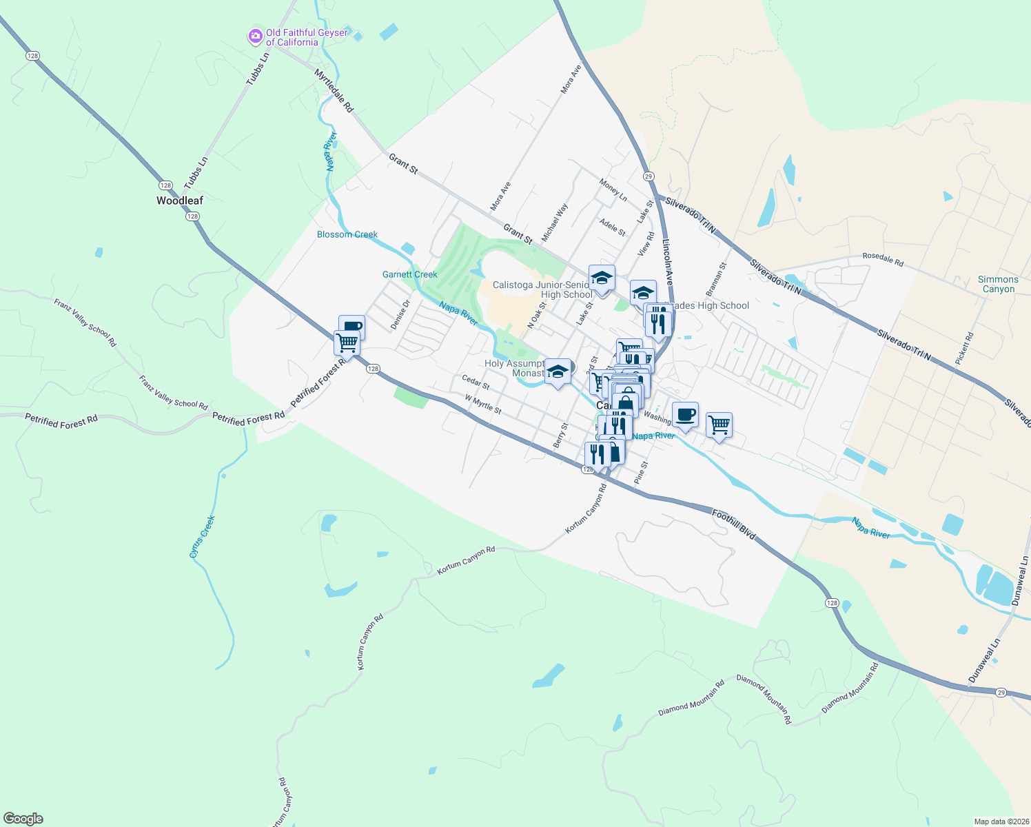 map of restaurants, bars, coffee shops, grocery stores, and more near 1700 Myrtle Street in Calistoga
