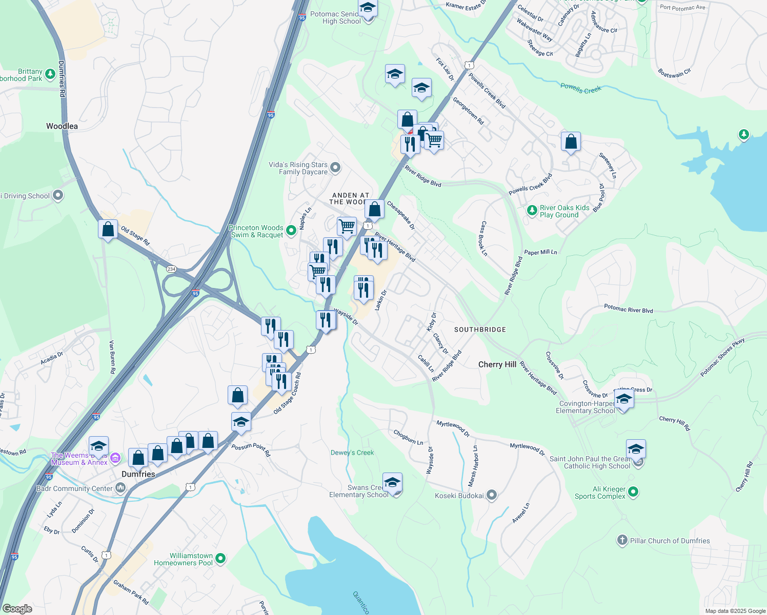 map of restaurants, bars, coffee shops, grocery stores, and more near 17228 American Elm Court in Dumfries