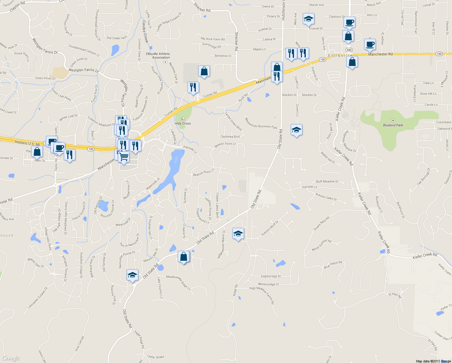 map of restaurants, bars, coffee shops, grocery stores, and more near 16100 Copperkey Court in Wildwood