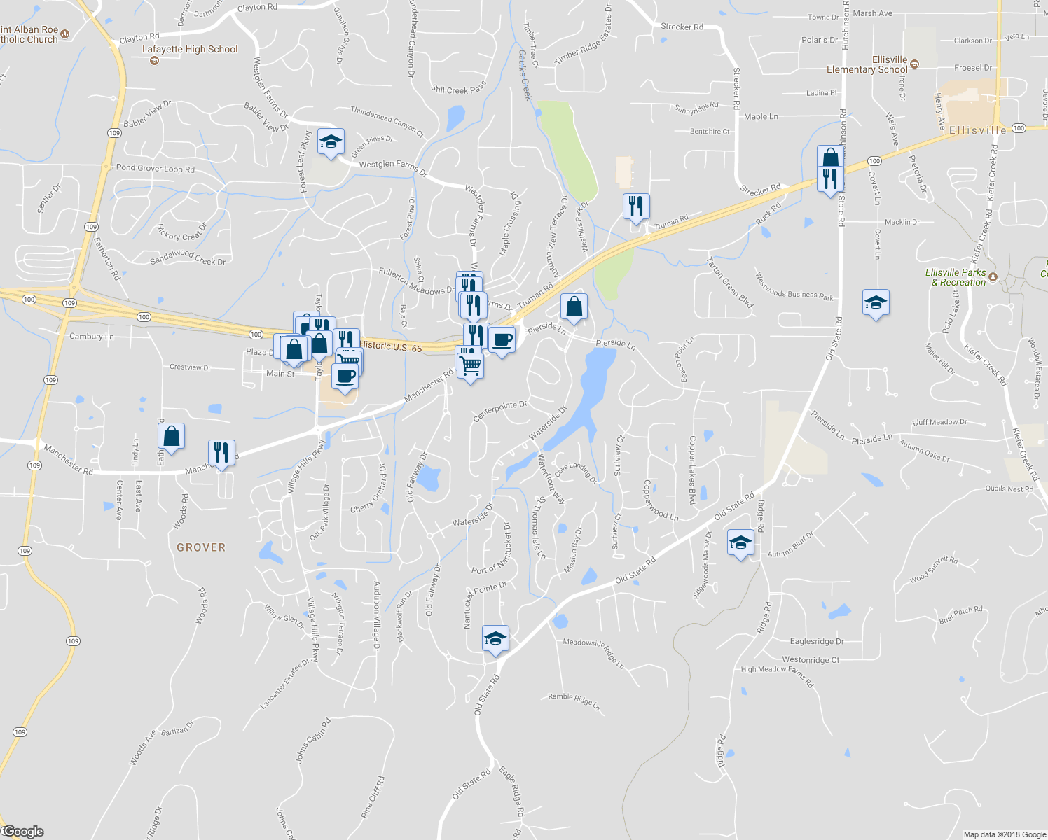 map of restaurants, bars, coffee shops, grocery stores, and more near 122 Boathouse Drive in Wildwood