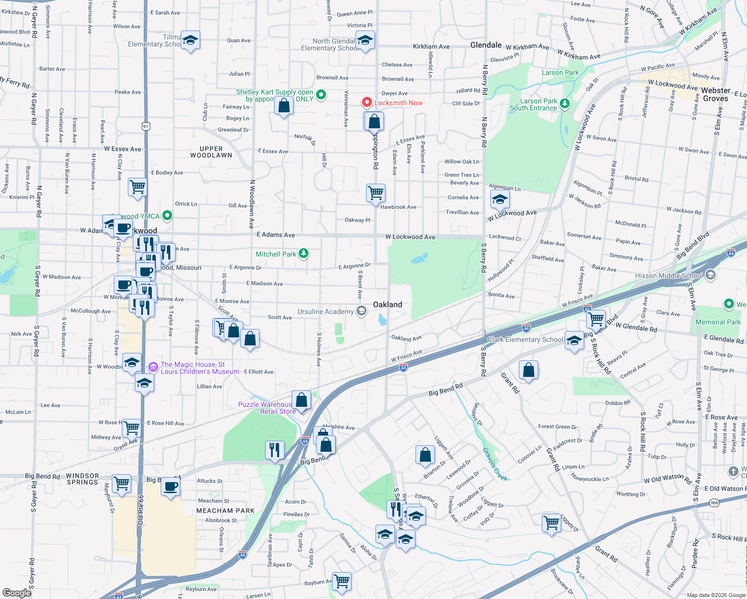 map of restaurants, bars, coffee shops, grocery stores, and more near 825 East Monroe Avenue in St. Louis