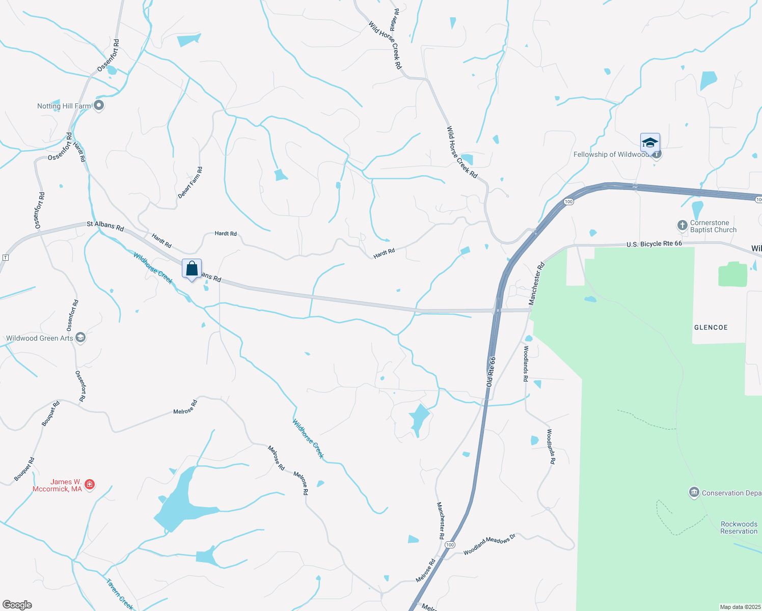 map of restaurants, bars, coffee shops, grocery stores, and more near 18651 State Highway T in Wildwood