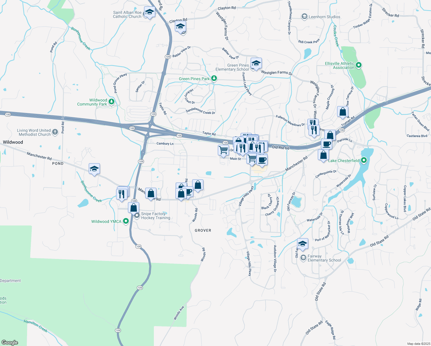 map of restaurants, bars, coffee shops, grocery stores, and more near 16905 Niere Acres Drive in Wildwood