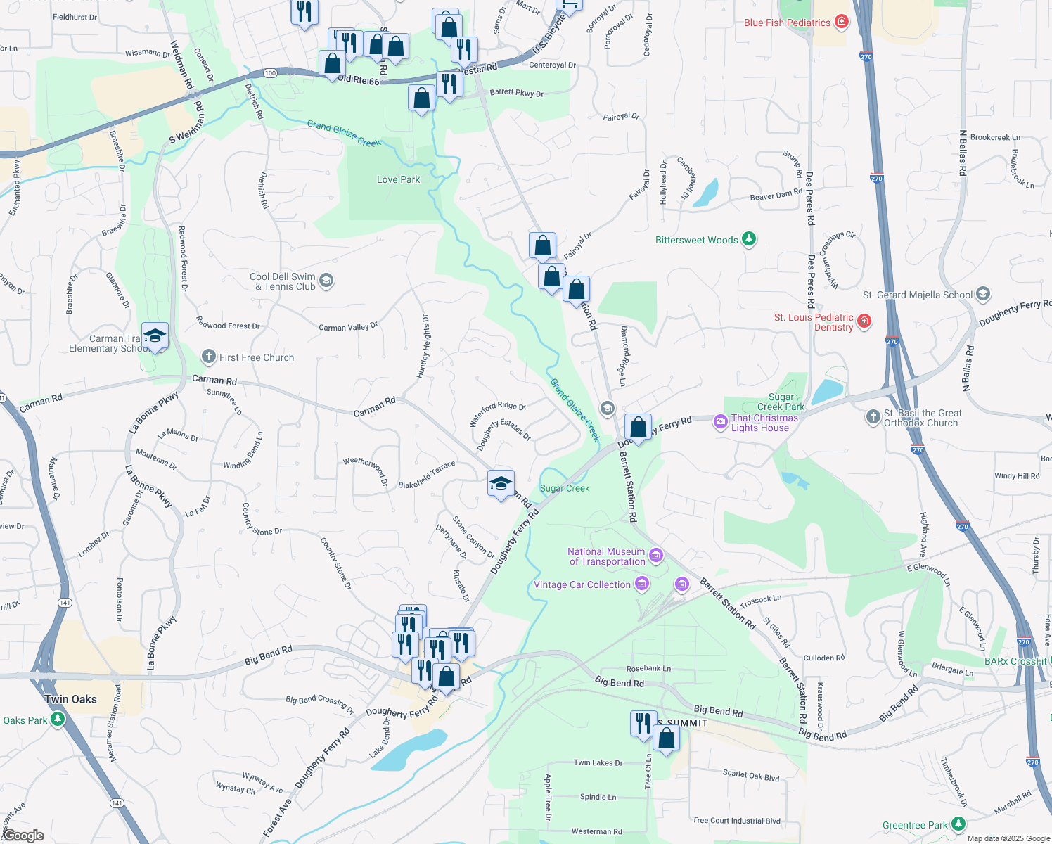 map of restaurants, bars, coffee shops, grocery stores, and more near 1831 Winegard Dr in Ballwin