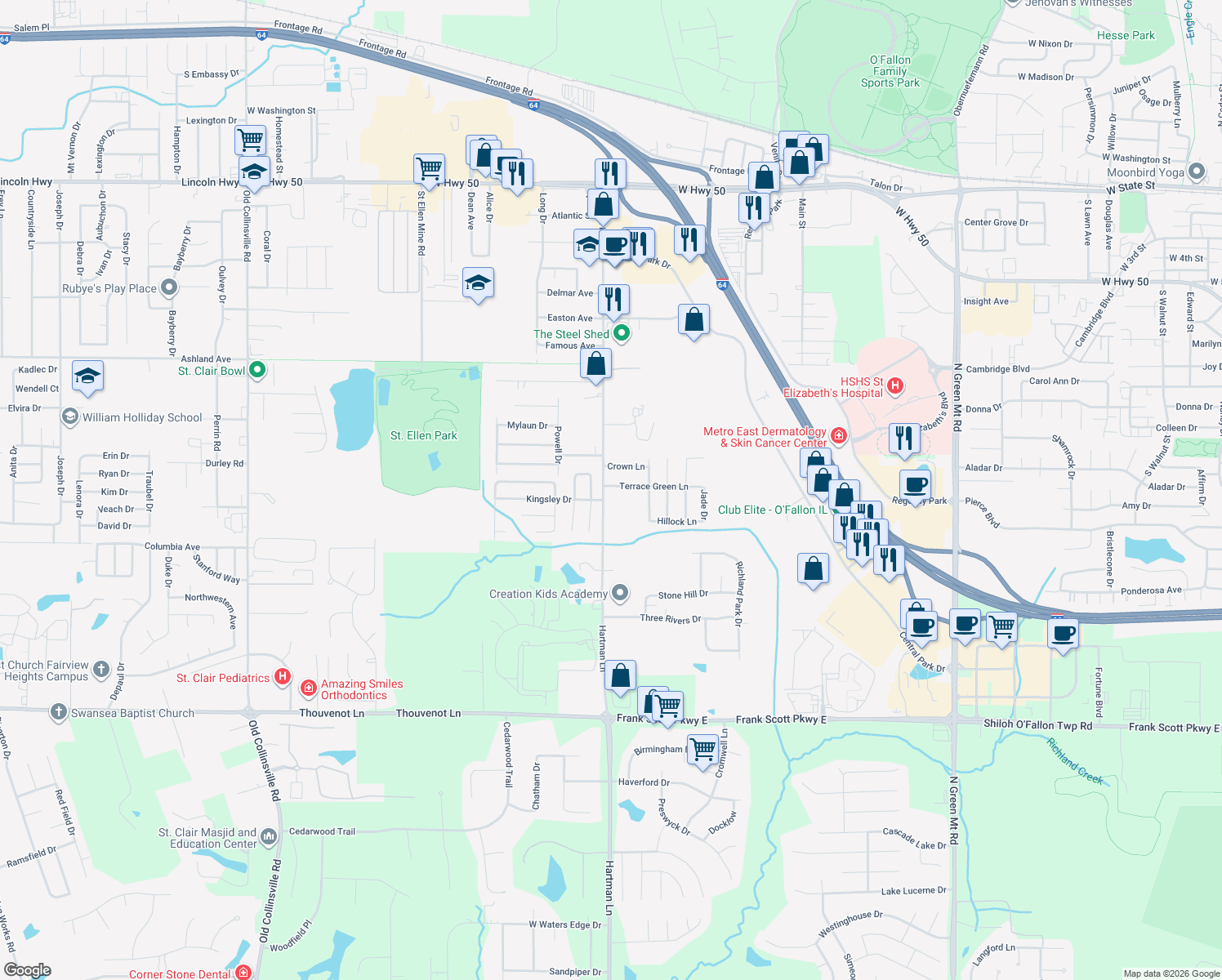 map of restaurants, bars, coffee shops, grocery stores, and more near 1349 Terrace Green Lane in O'Fallon