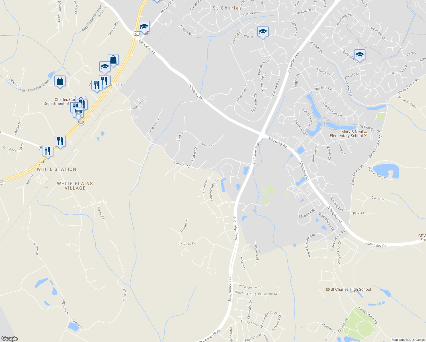 map of restaurants, bars, coffee shops, grocery stores, and more near 11141 Montclair Ct in Charles