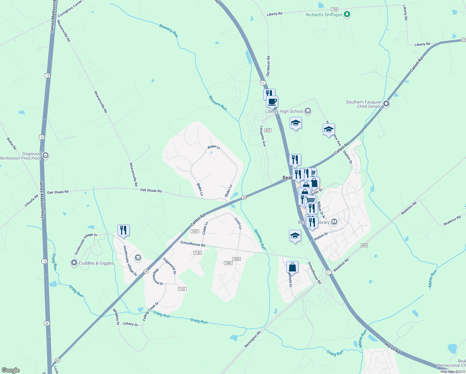 map of restaurants, bars, coffee shops, grocery stores, and more near 11025 Blake Lane in Bealeton