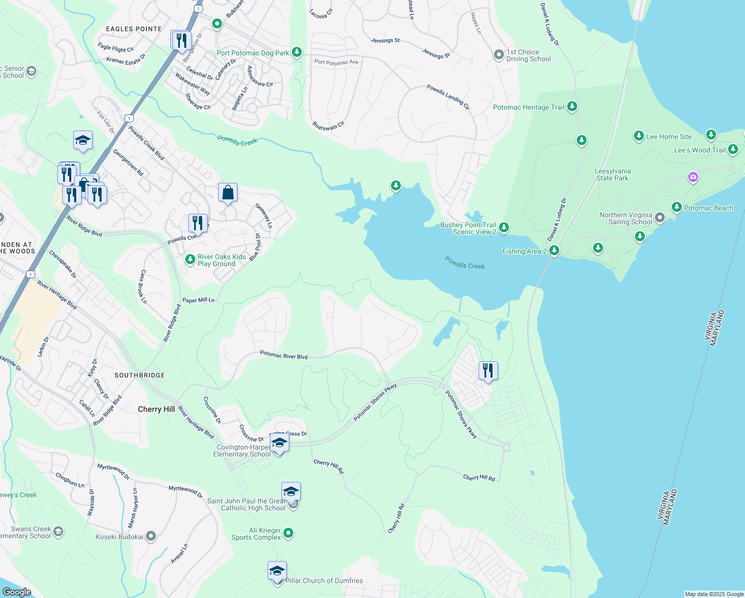 map of restaurants, bars, coffee shops, grocery stores, and more near 17055 Belle Isle Drive in Dumfries