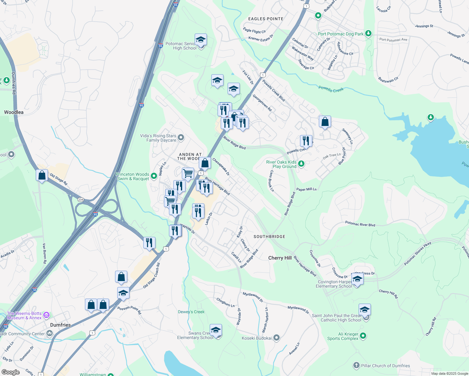 map of restaurants, bars, coffee shops, grocery stores, and more near 16864 Porters Inn Drive in Dumfries