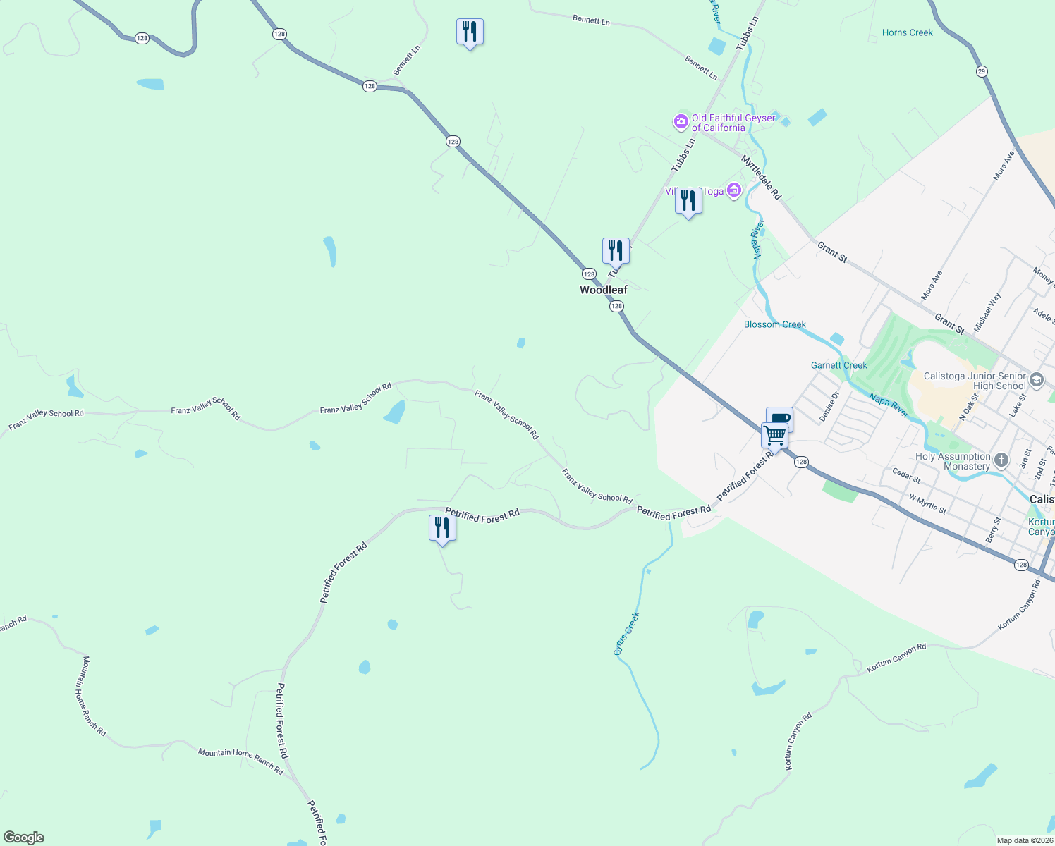 map of restaurants, bars, coffee shops, grocery stores, and more near 340 Franz Valley School Road in Calistoga