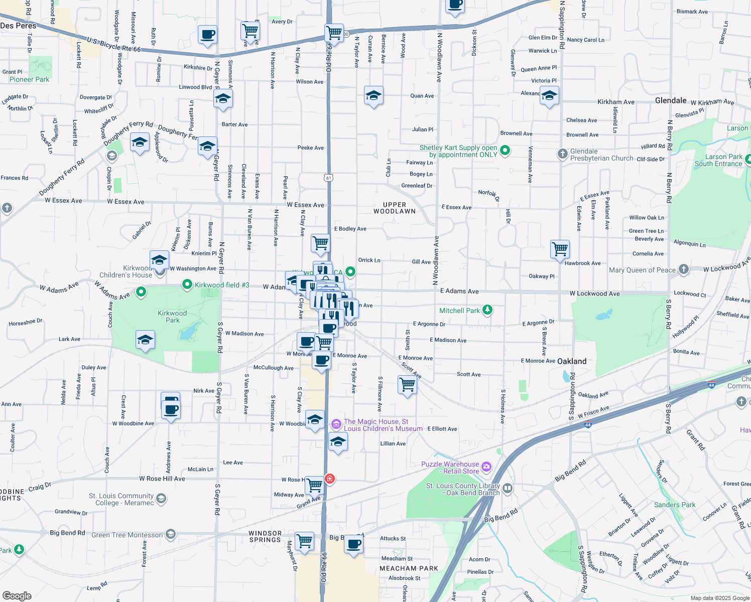 map of restaurants, bars, coffee shops, grocery stores, and more near 235 East Jefferson Avenue in Kirkwood