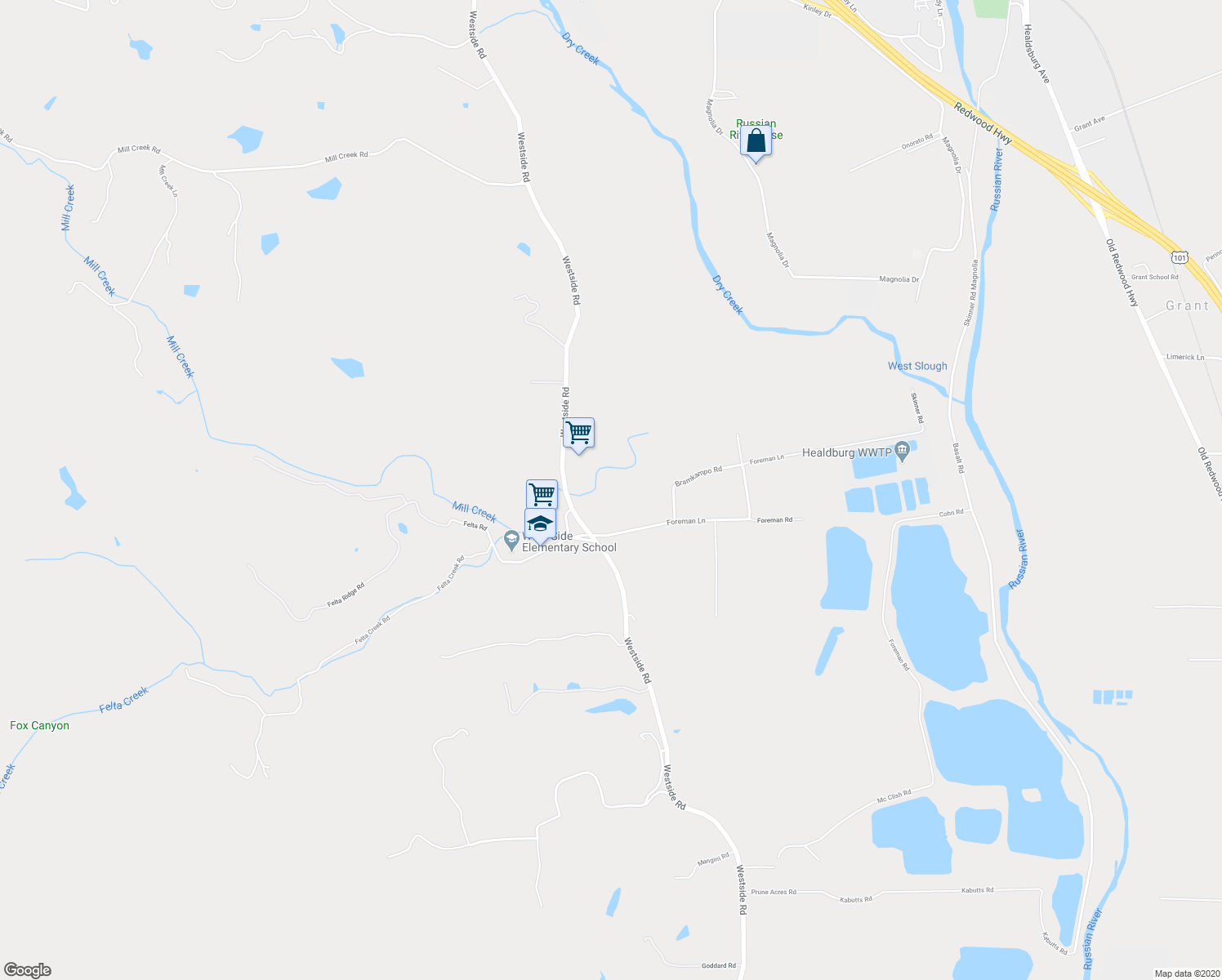 map of restaurants, bars, coffee shops, grocery stores, and more near 2642 Westside Road in Healdsburg
