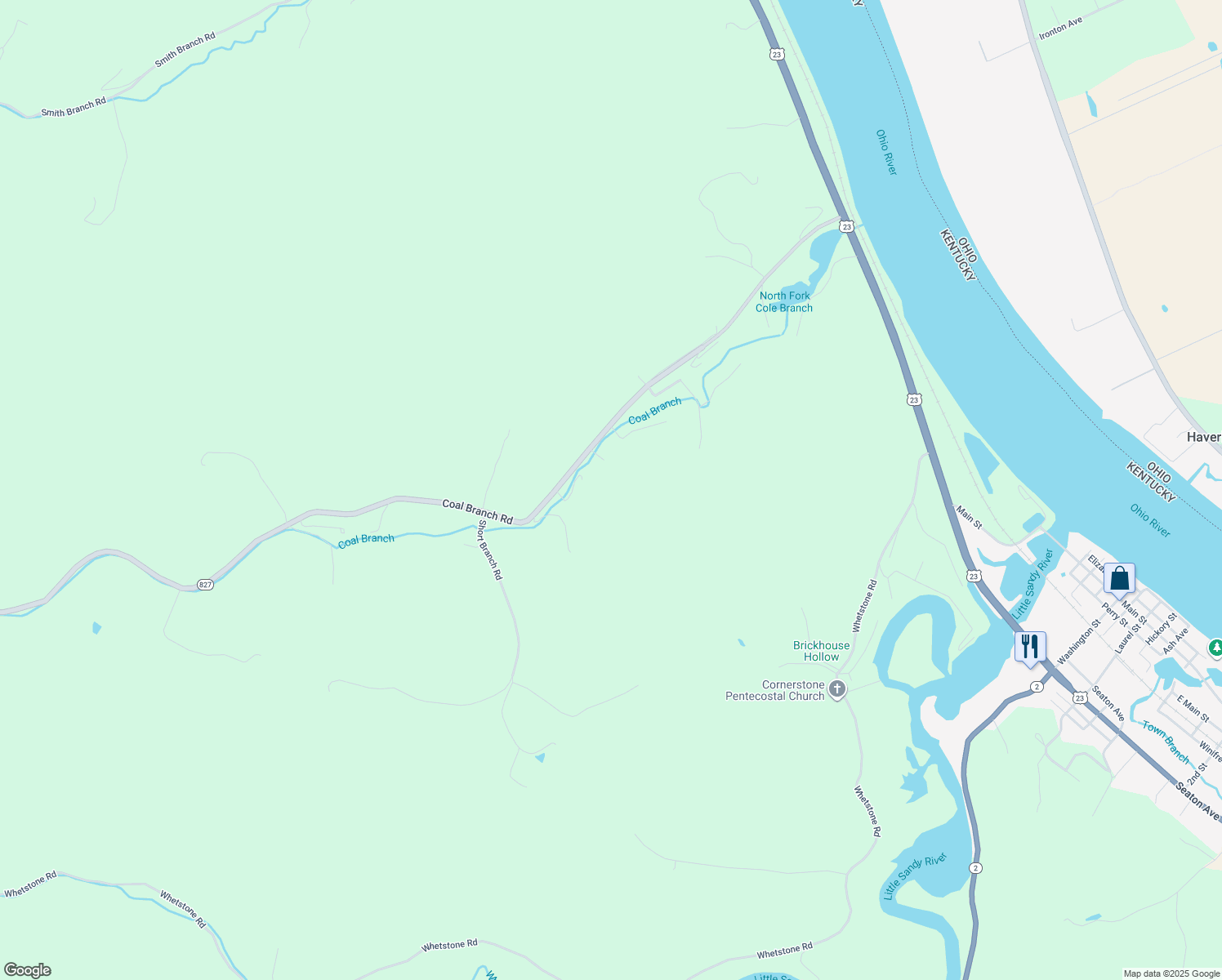 map of restaurants, bars, coffee shops, grocery stores, and more near 55 Penn Hill Road in Greenup