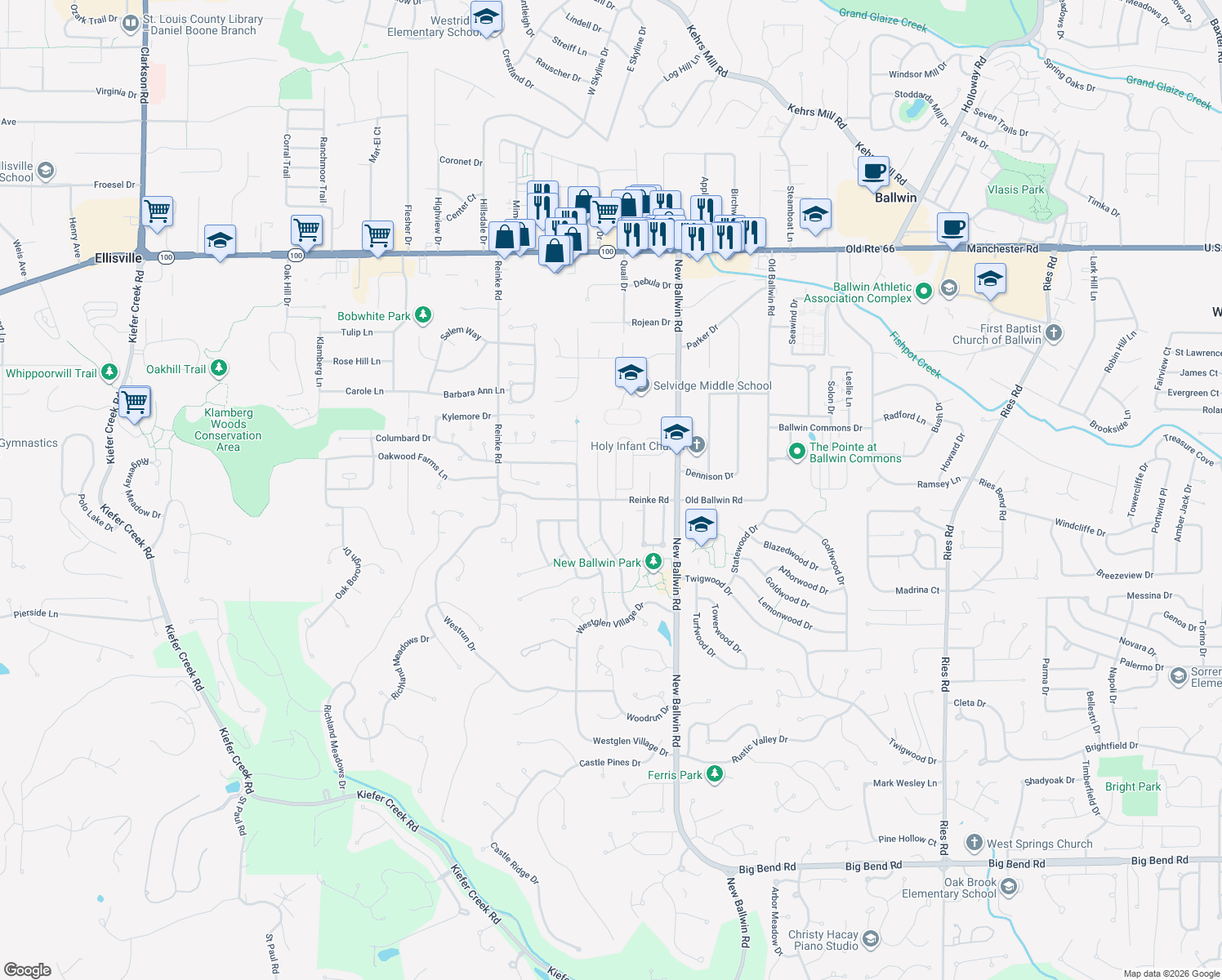 map of restaurants, bars, coffee shops, grocery stores, and more near 295 Windy Acres Estates Drive in Ballwin