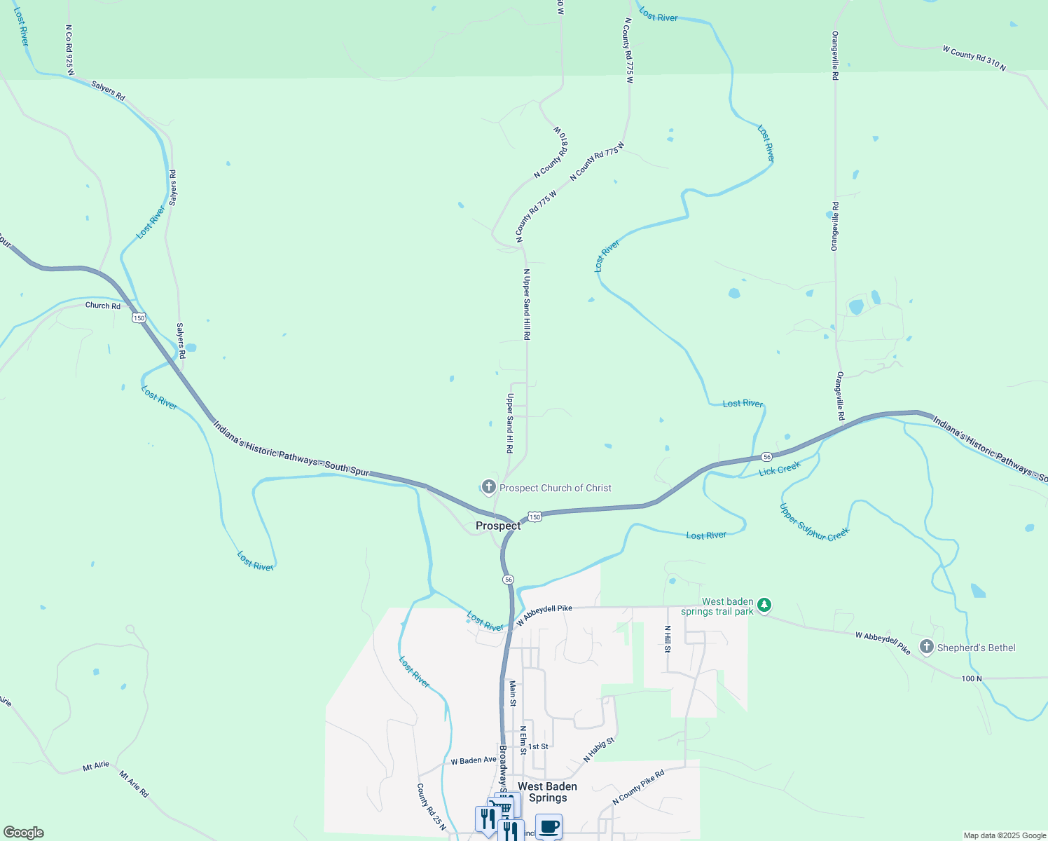 map of restaurants, bars, coffee shops, grocery stores, and more near 1601-1817 North Sand Hill Road in West Baden Springs