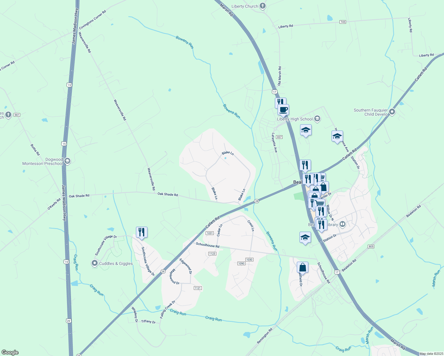 map of restaurants, bars, coffee shops, grocery stores, and more near 6720 Huntland Drive in Bealeton