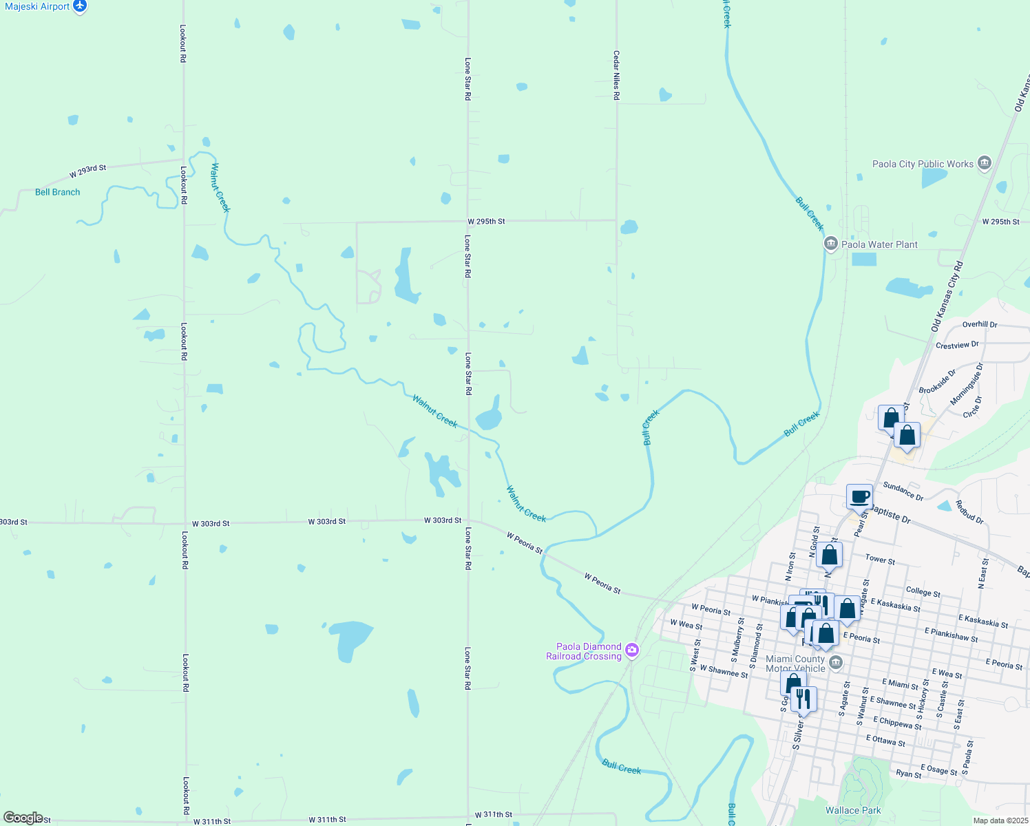 map of restaurants, bars, coffee shops, grocery stores, and more near 26820 West 300th Street in Paola