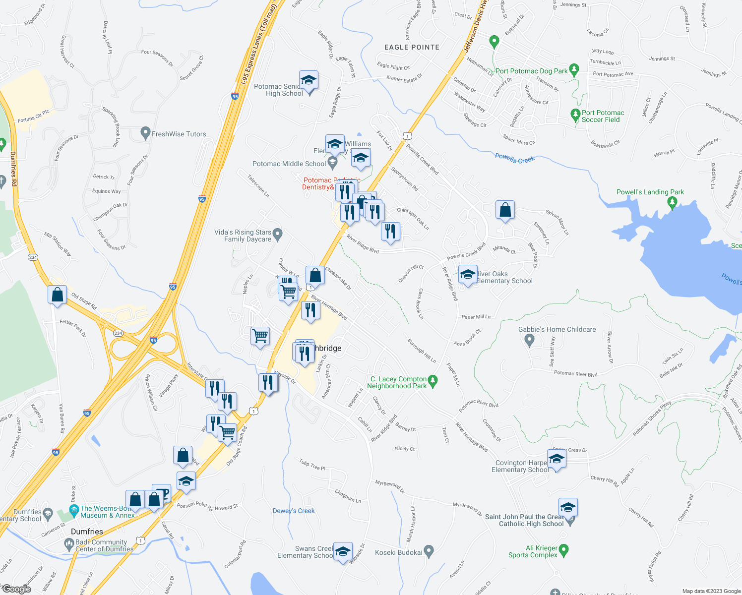 map of restaurants, bars, coffee shops, grocery stores, and more near 16858 Porters Inn Drive in Dumfries