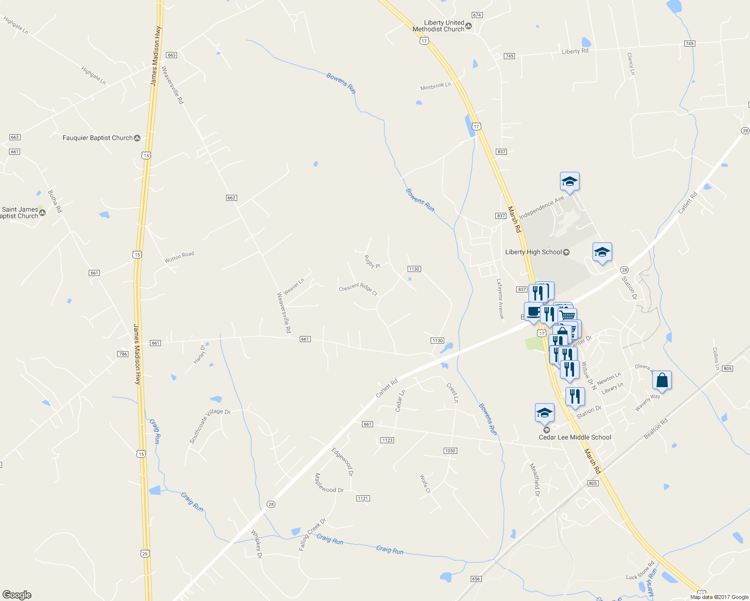 map of restaurants, bars, coffee shops, grocery stores, and more near 10809 Blake Lane in Bealeton