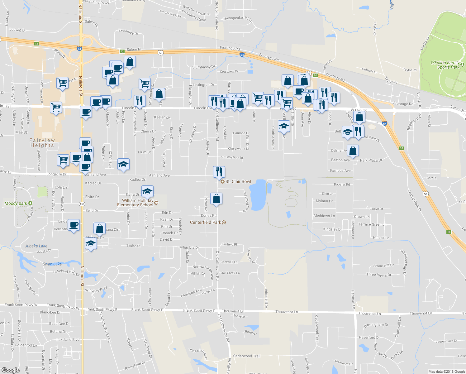 map of restaurants, bars, coffee shops, grocery stores, and more near 110 Lake Saint Ellen Drive in Fairview Heights