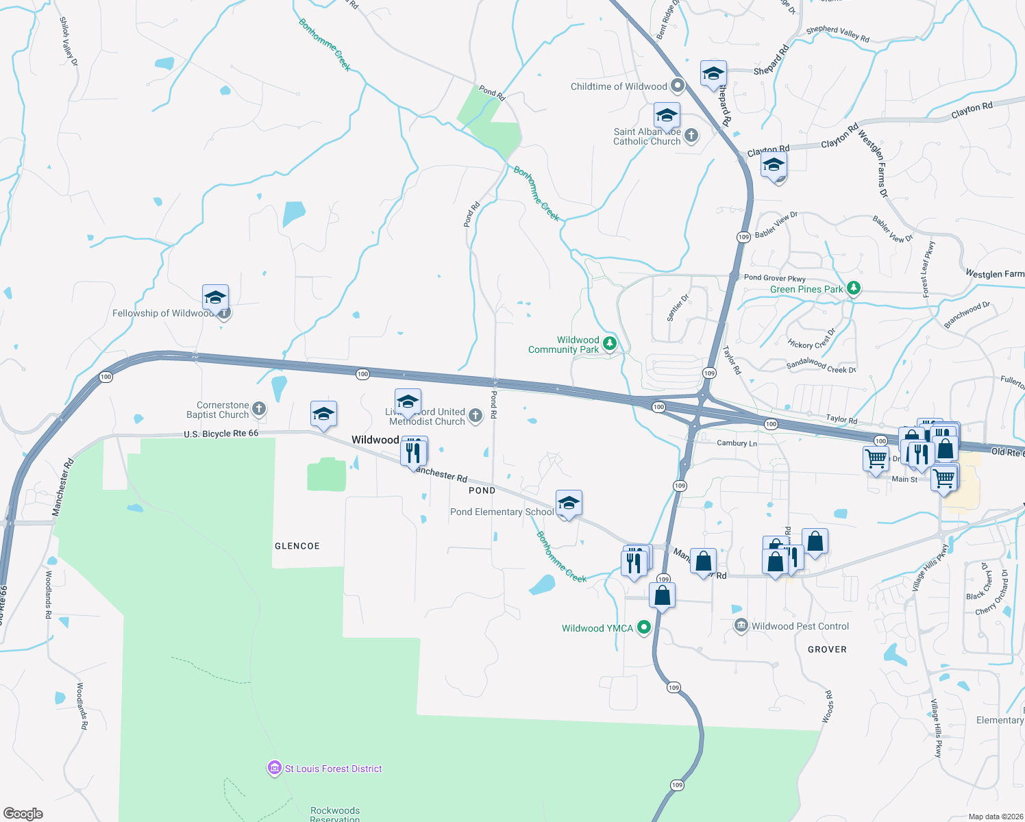 map of restaurants, bars, coffee shops, grocery stores, and more near 2448 Pond Road in Wildwood