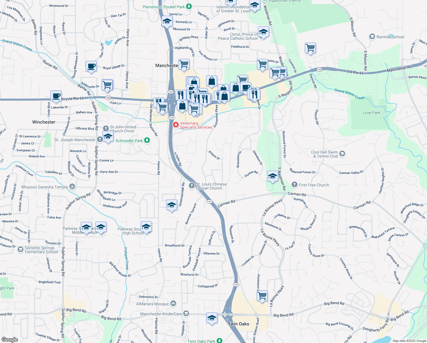 map of restaurants, bars, coffee shops, grocery stores, and more near 475 Lynwood Forest Dr in Ballwin