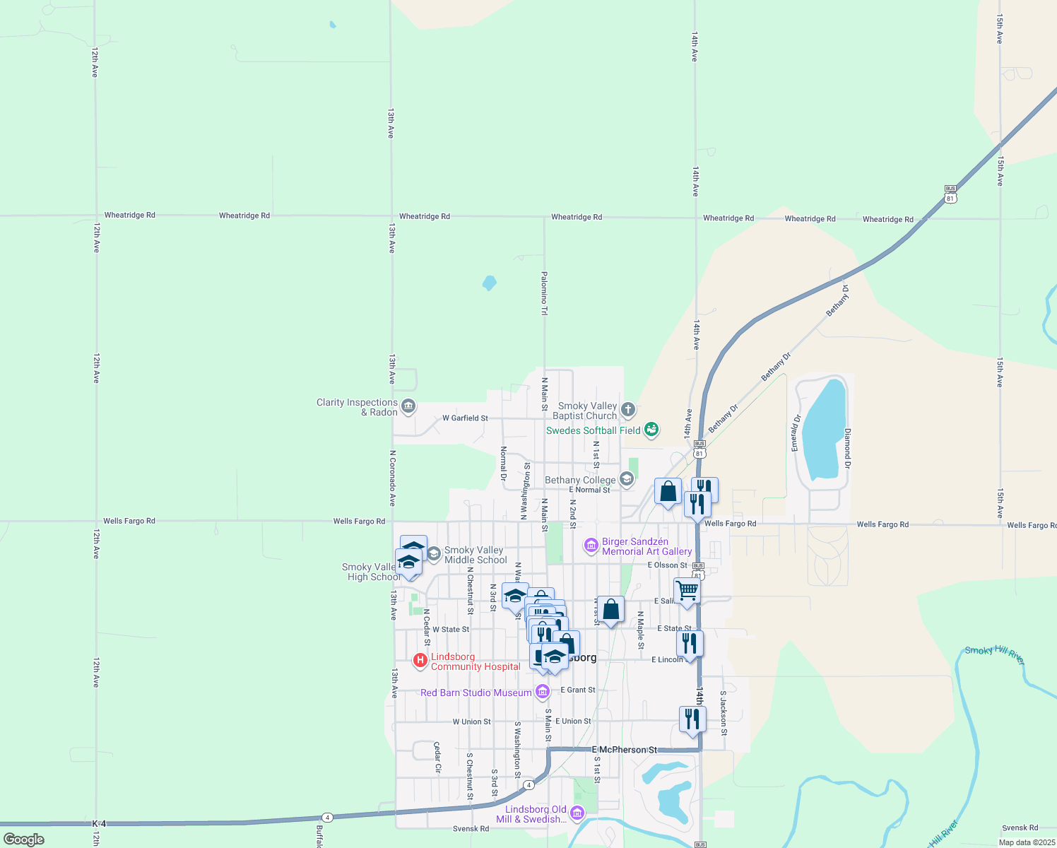 map of restaurants, bars, coffee shops, grocery stores, and more near 203 W Garfield St in Lindsborg