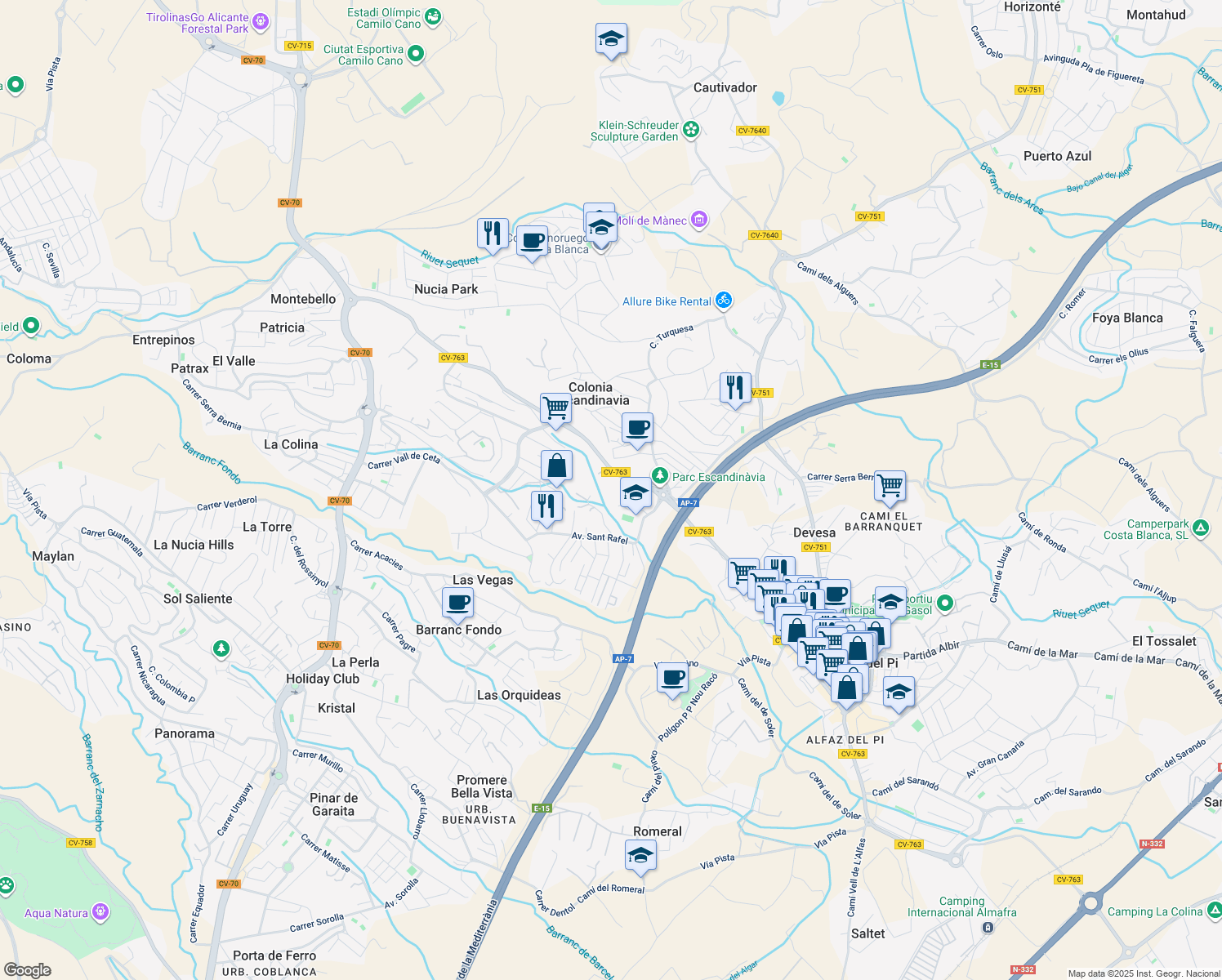 map of restaurants, bars, coffee shops, grocery stores, and more near 3 Partida Caneta in l'Alfàs del Pi