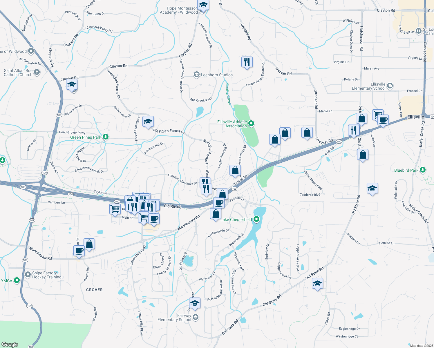 map of restaurants, bars, coffee shops, grocery stores, and more near 2540 Maple Crossing Dr in Ballwin