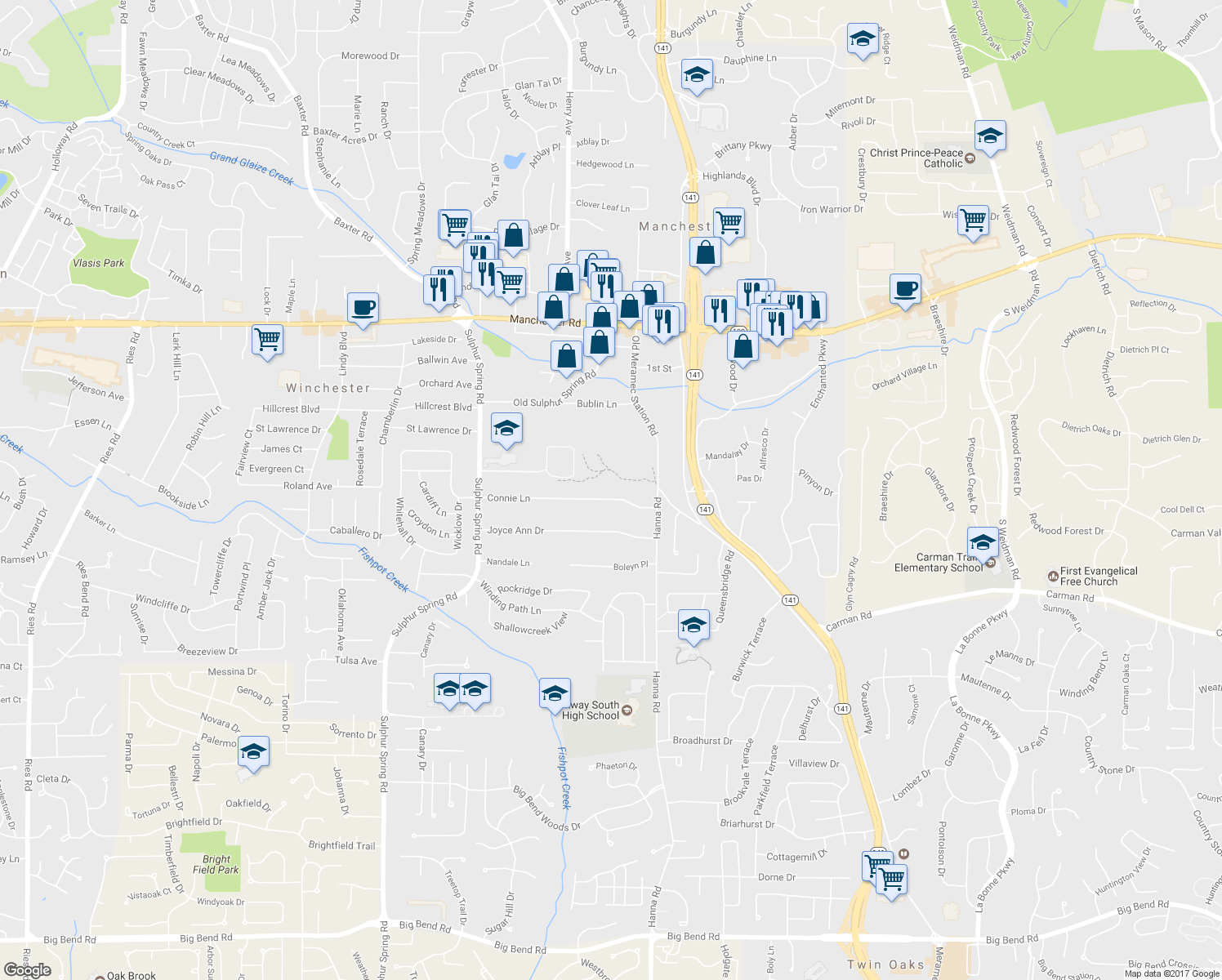 map of restaurants, bars, coffee shops, grocery stores, and more near 801 Connie Lane in Ballwin