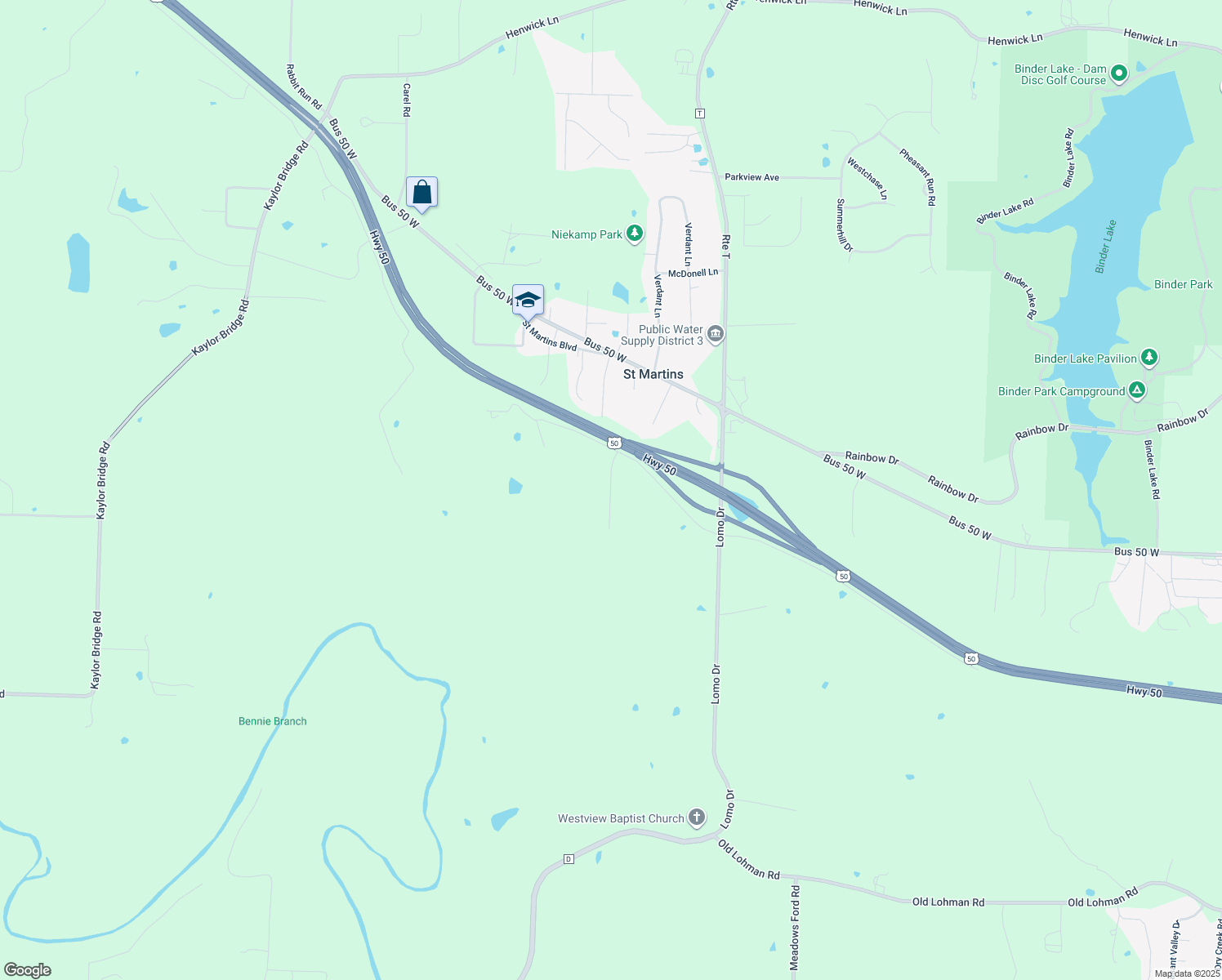 map of restaurants, bars, coffee shops, grocery stores, and more near Galena Drive in Cole County