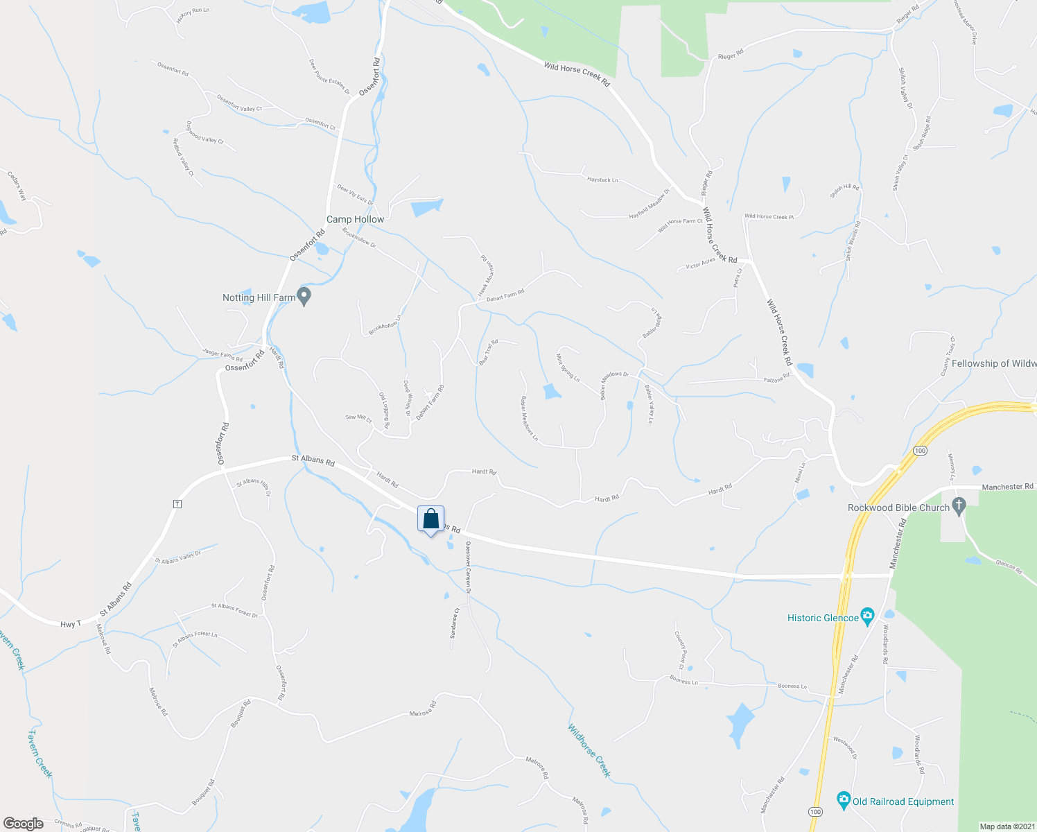 map of restaurants, bars, coffee shops, grocery stores, and more near 18722 Babler Meadows Drive in Wildwood