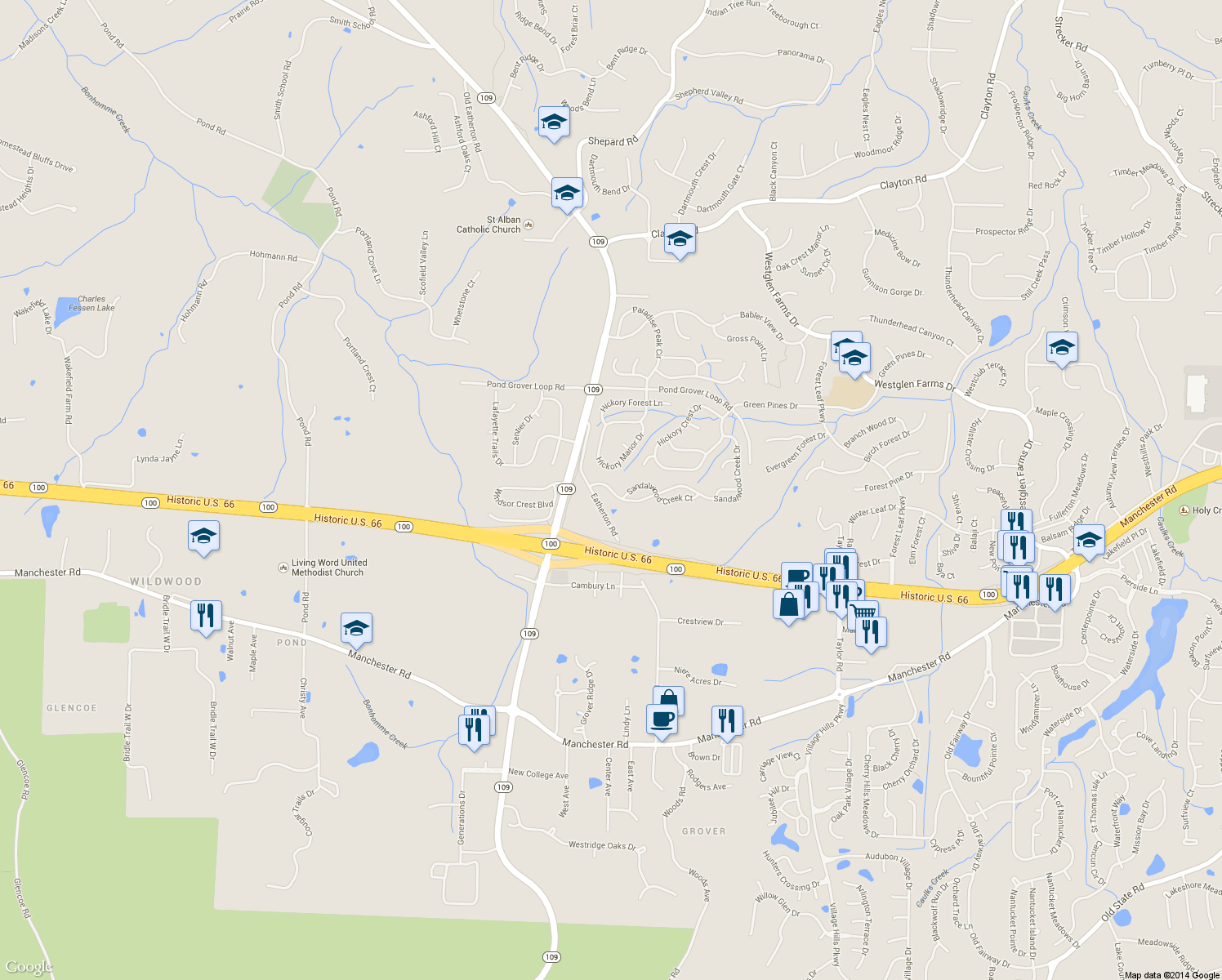map of restaurants, bars, coffee shops, grocery stores, and more near 17050 Sandalwood Creek Drive in Wildwood