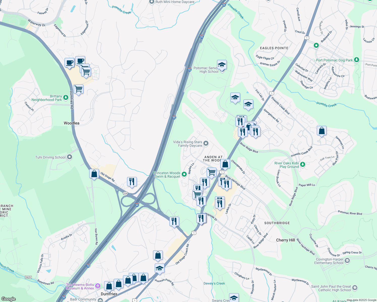 map of restaurants, bars, coffee shops, grocery stores, and more near 3427 Belleplain Court in Dumfries