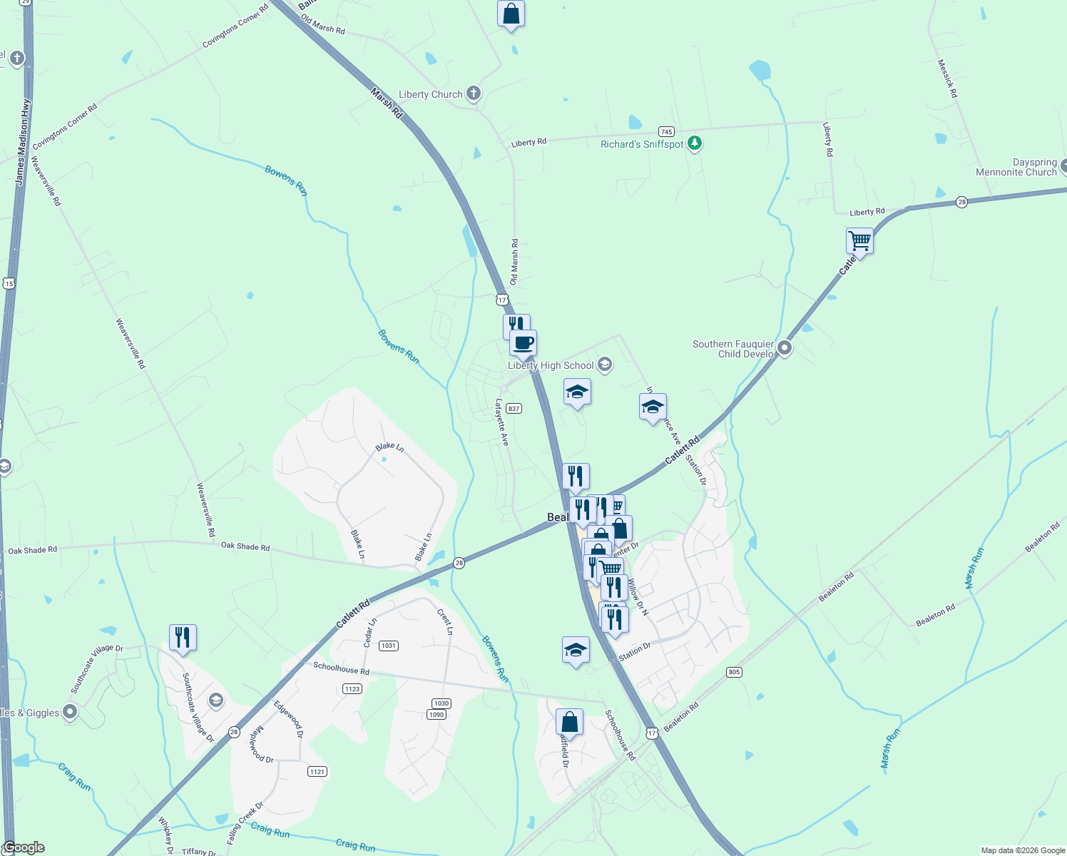 map of restaurants, bars, coffee shops, grocery stores, and more near 10880 Bowers Run Drive in Bealeton