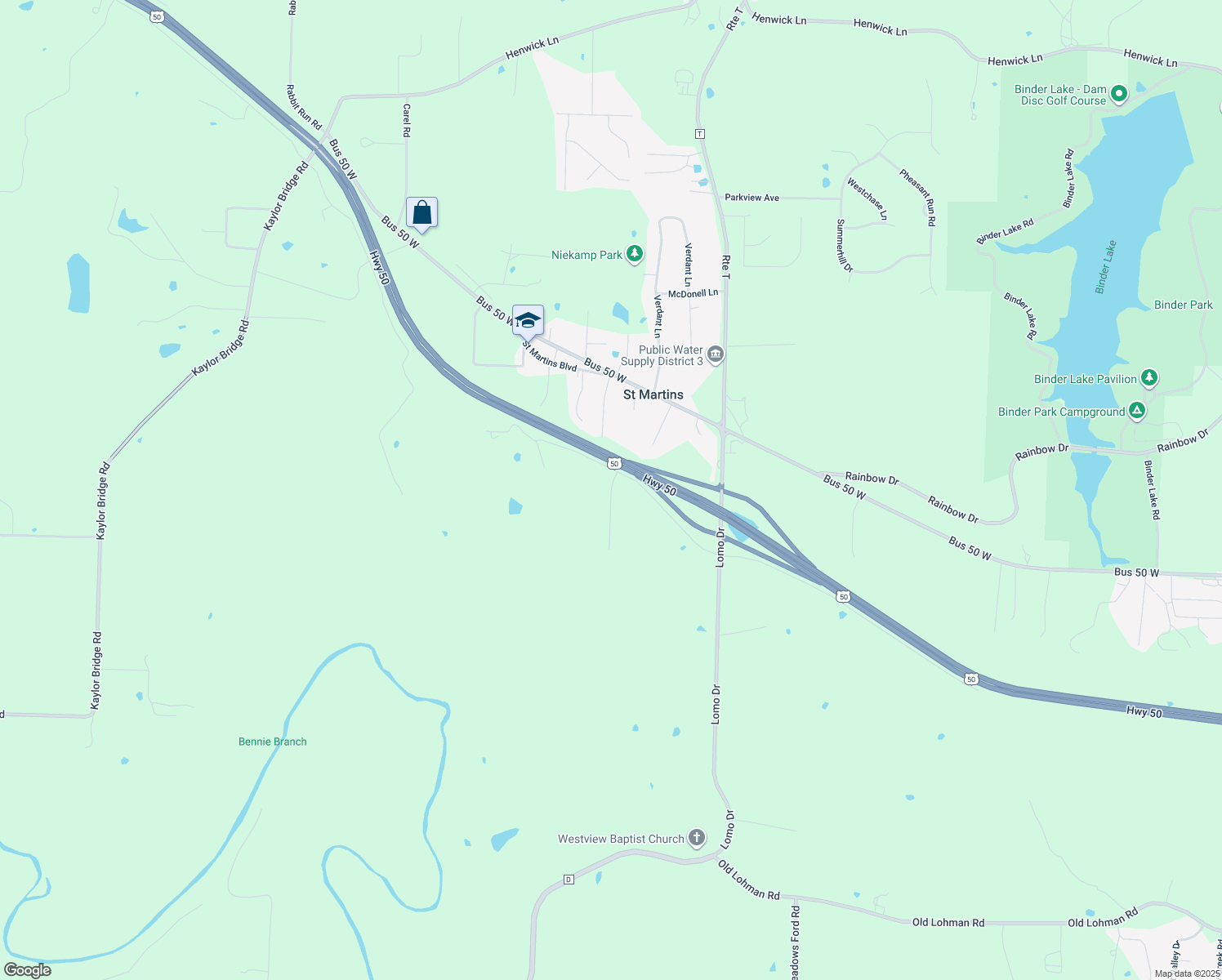 map of restaurants, bars, coffee shops, grocery stores, and more near Galena Drive in Cole County