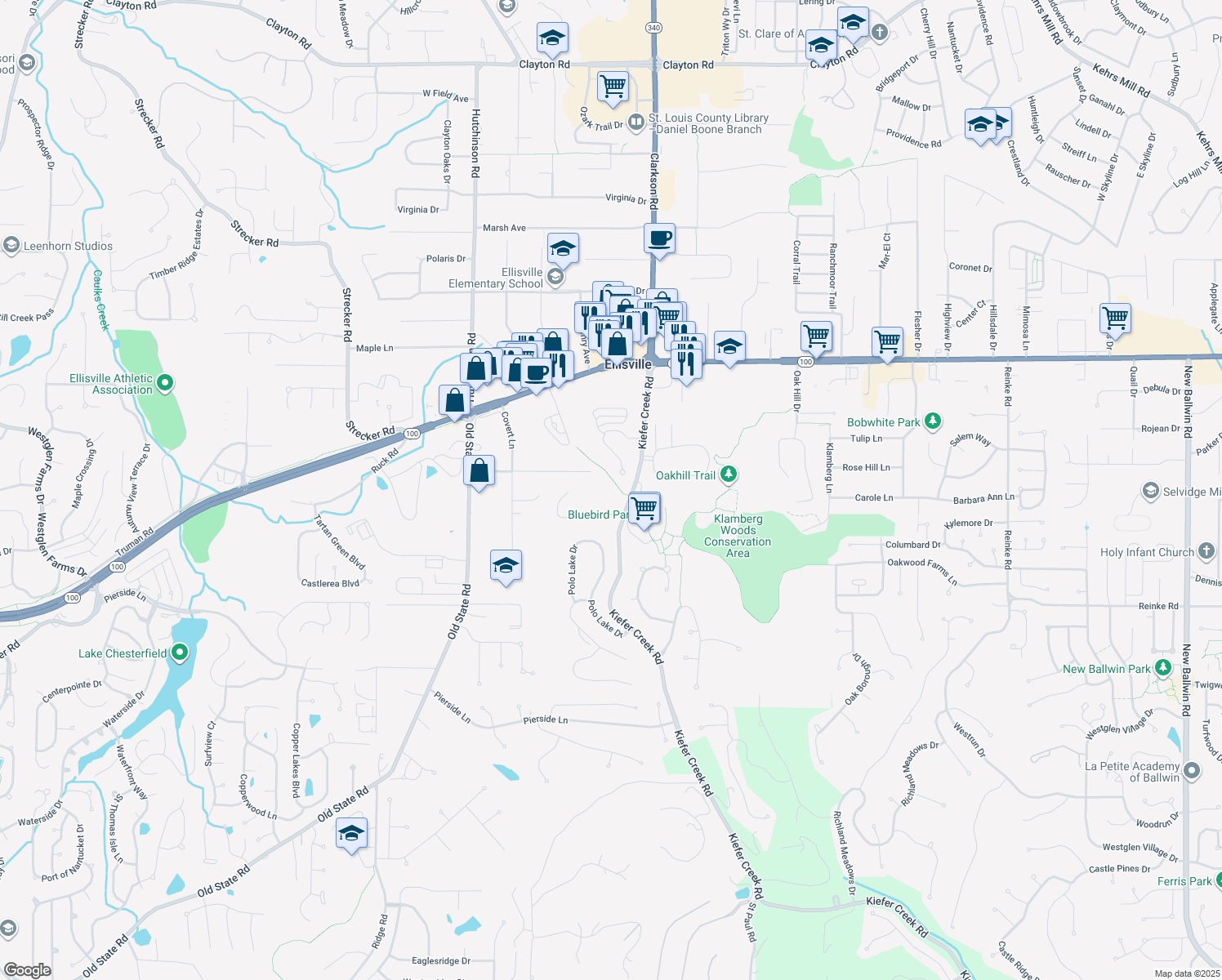 map of restaurants, bars, coffee shops, grocery stores, and more near 1334 Macklin Dr in Ellisville