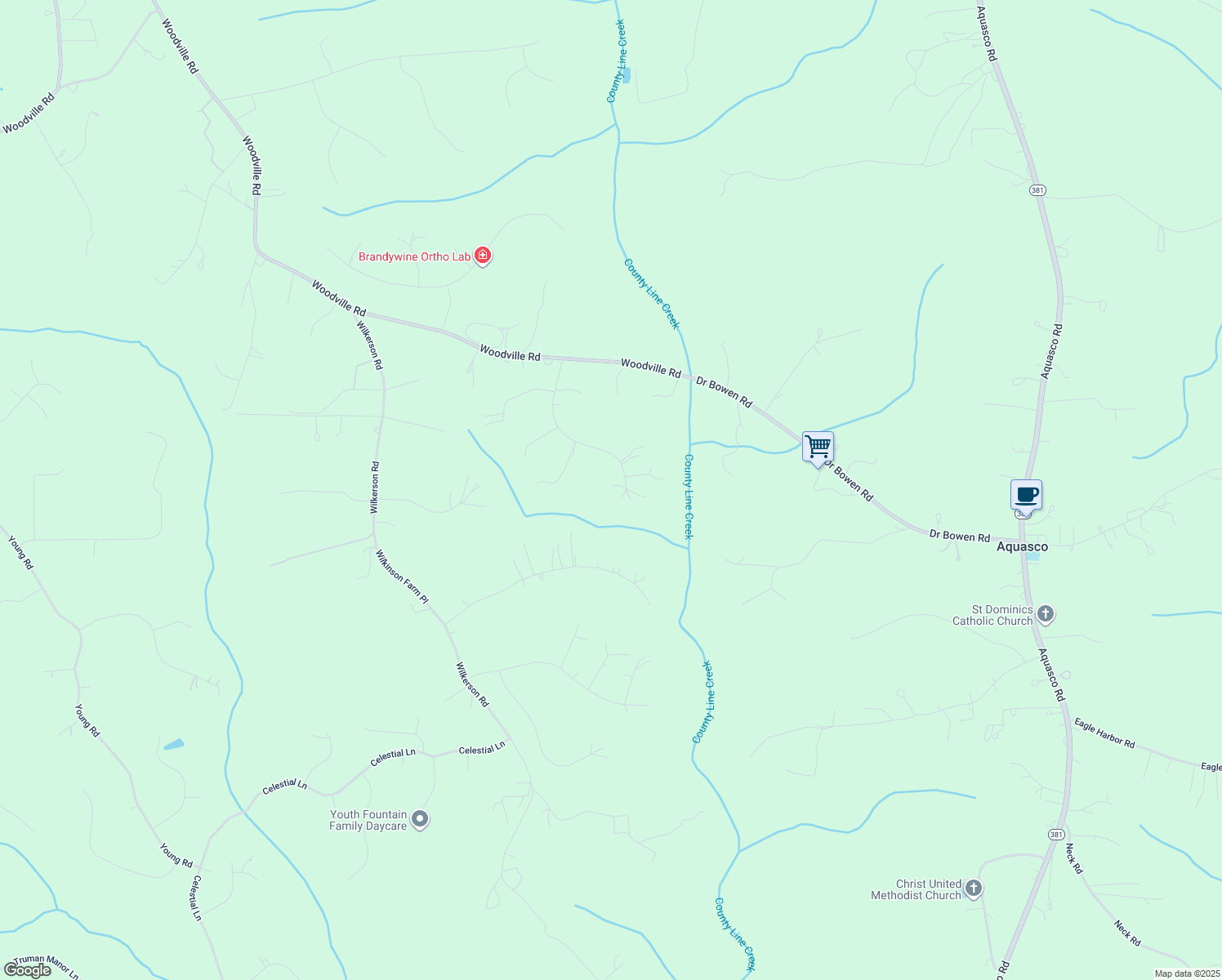 map of restaurants, bars, coffee shops, grocery stores, and more near 17269 Creekside Drive in Brandywine