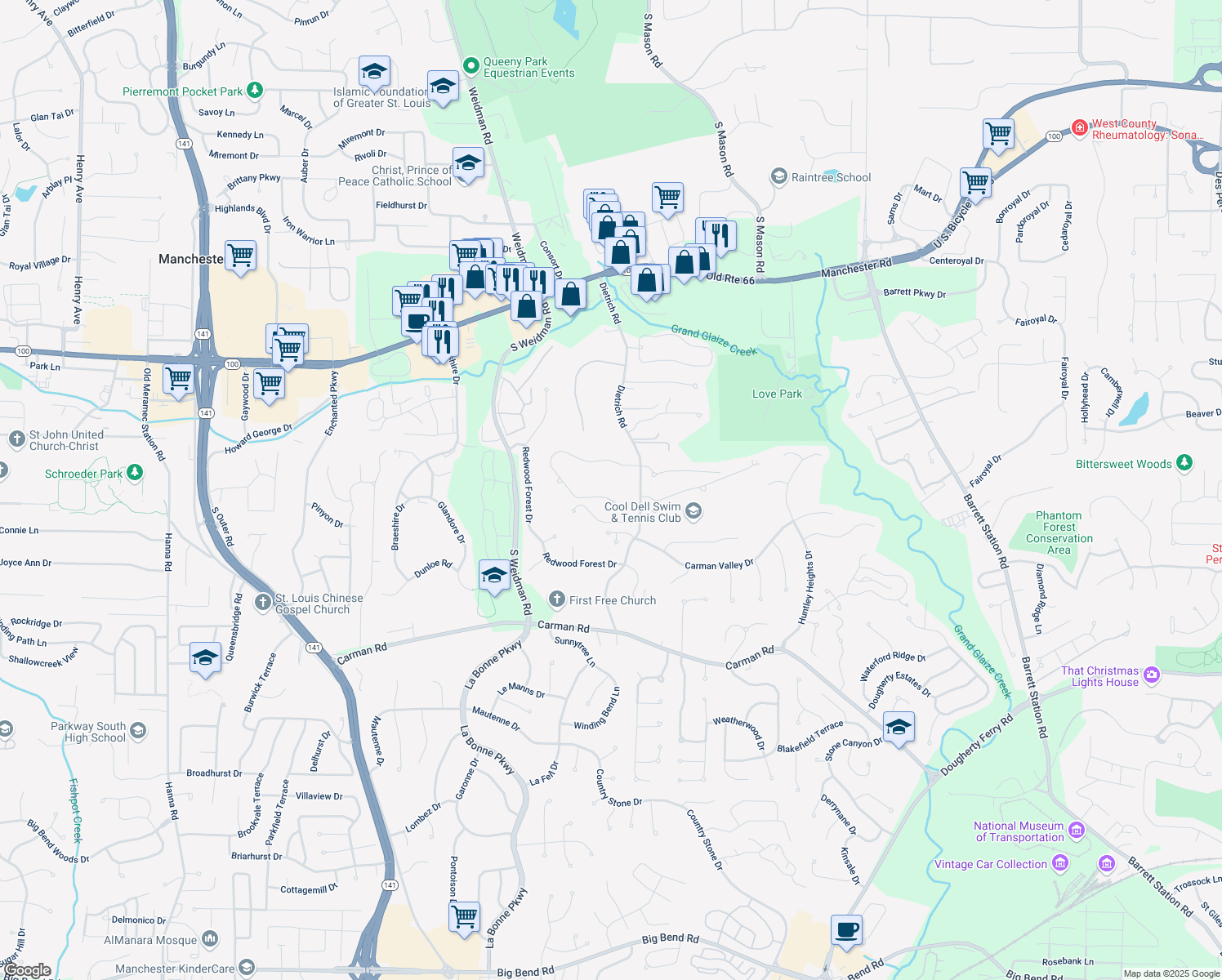map of restaurants, bars, coffee shops, grocery stores, and more near 1310 Dietrich Oaks Drive in Ballwin