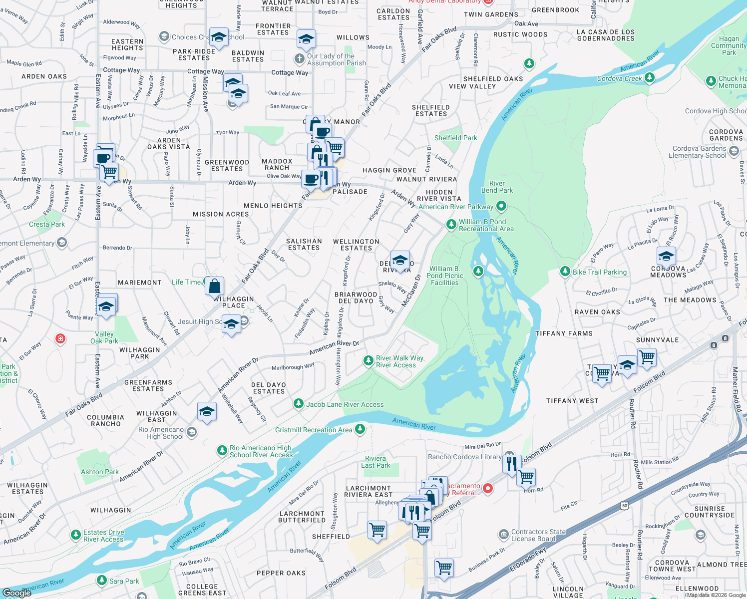 map of restaurants, bars, coffee shops, grocery stores, and more near 1300 Los Rios Drive in Carmichael