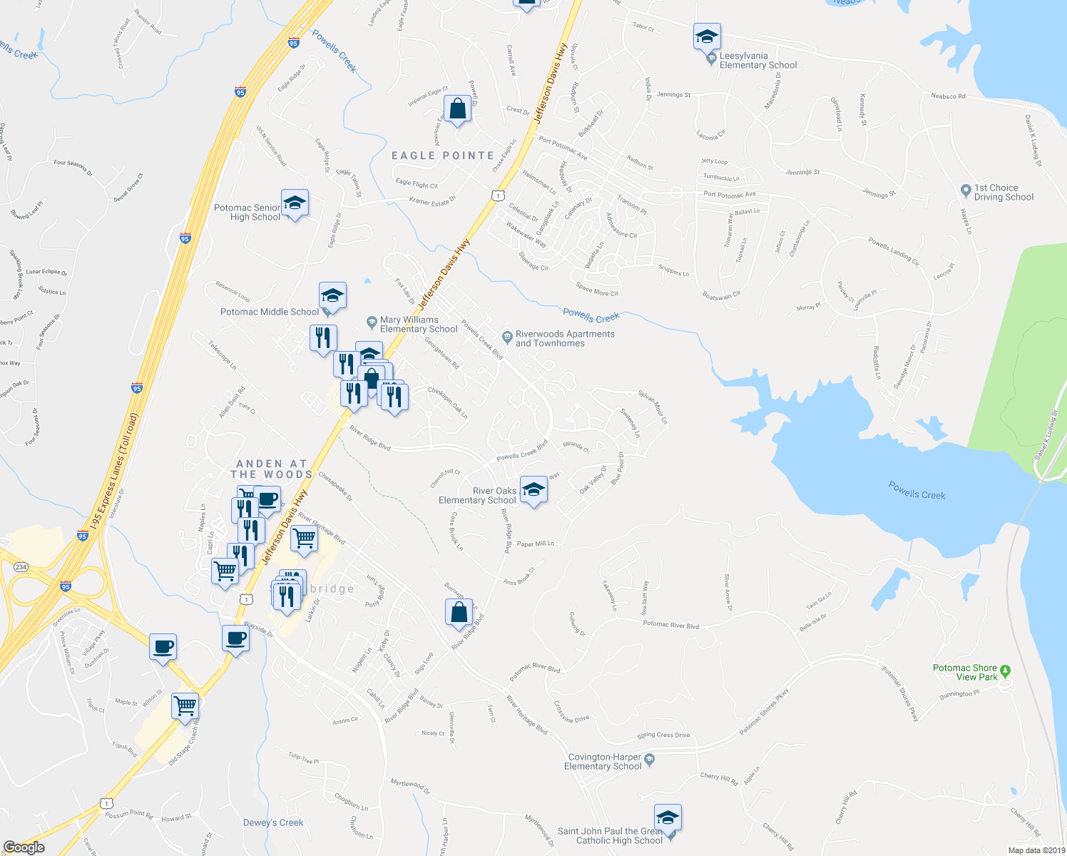 map of restaurants, bars, coffee shops, grocery stores, and more near 16828 Capon Tree Lane in Woodbridge