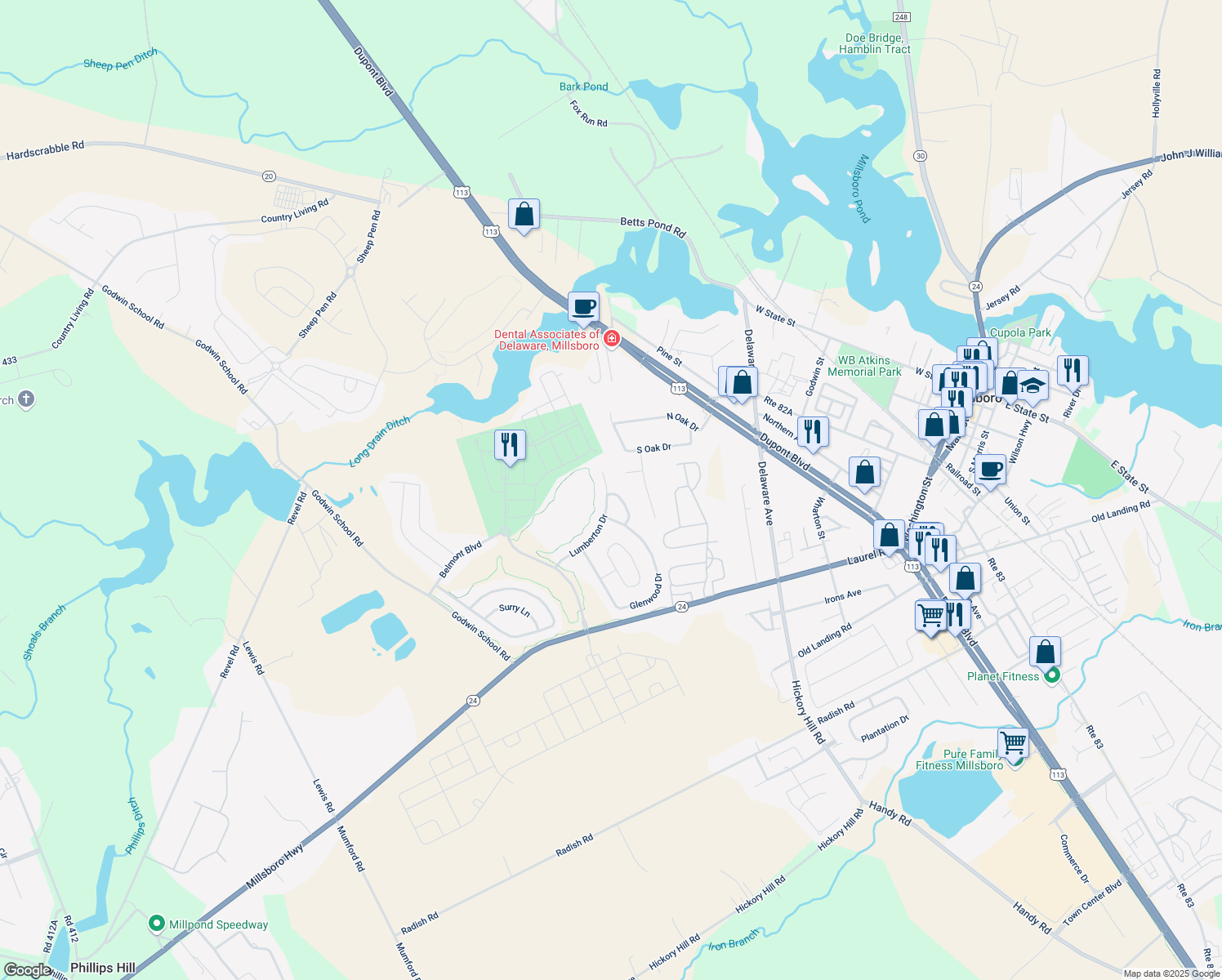 map of restaurants, bars, coffee shops, grocery stores, and more near 29225 Mayesville Way in Millsboro